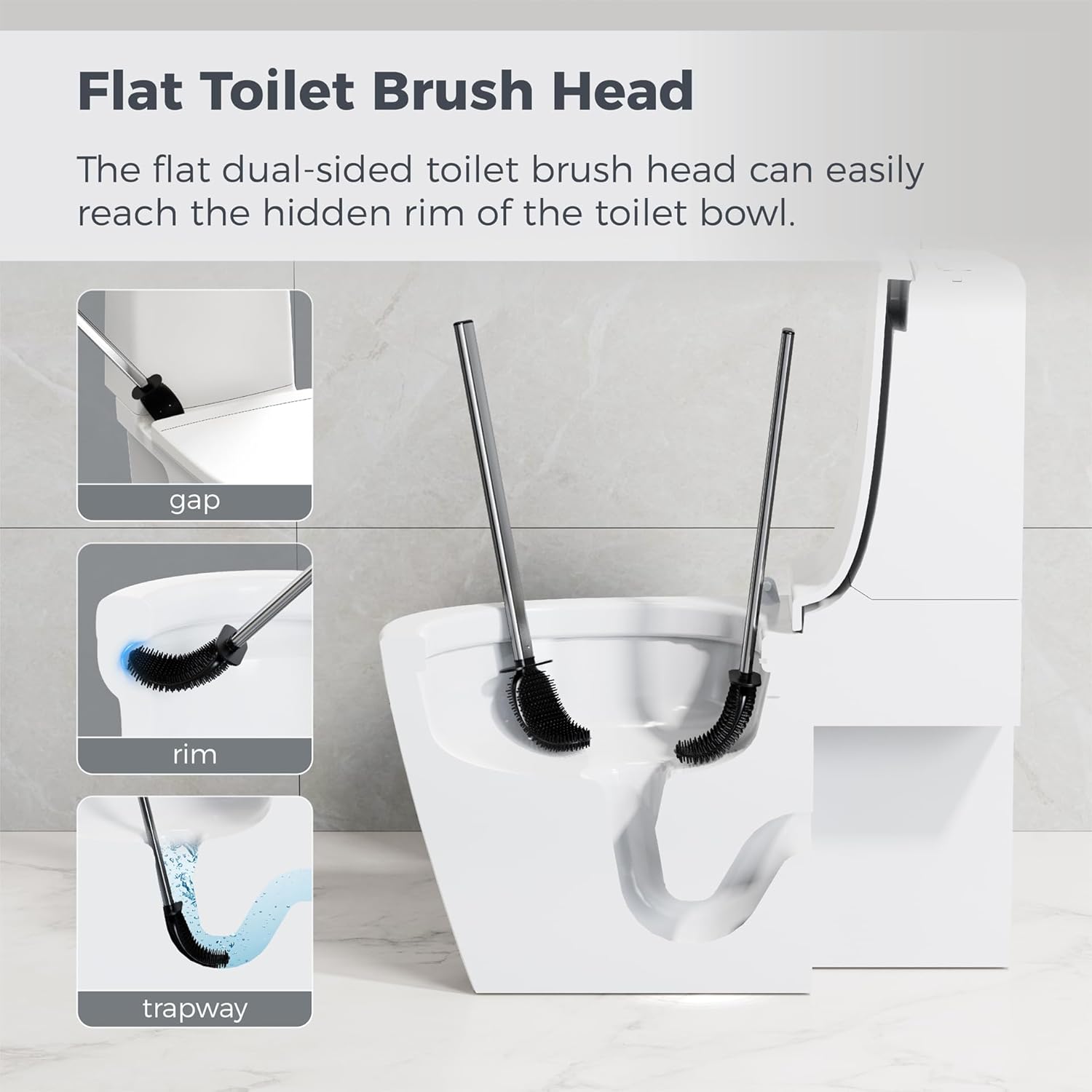 Silicone Toilet Brush Holder Set,TPR Toilet Bowl Brush with Long Stainless Steel Handle and Flexible Bristles,Deep Cleaning & No-Scratch Toilet Scrubber, Sleek Toilet Brush with Weighted Base (2, SS)