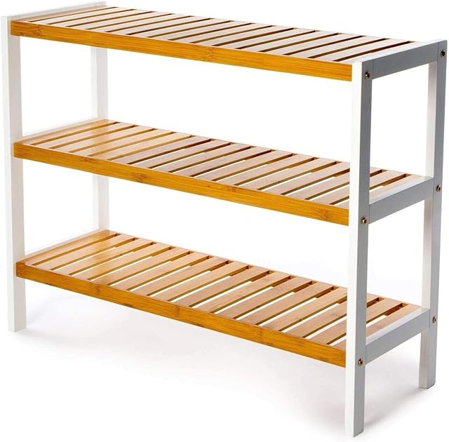 Vencier 3 Tier Bamboo Shoe Racks Storage Stand Shelf Organizer, 12 Pair of Shoes 70 x 26 x 55cms - Ideal of Corridor,Living Room, Bathroom, Bedroom or Hallway (Natural & White)