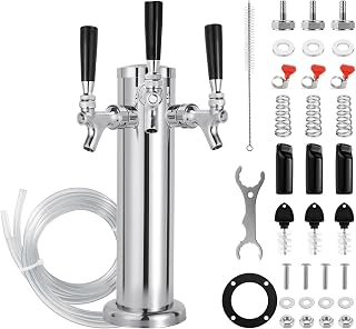 All Stainless Steel Triple Tap Draft Beer Tower, 3” Flange Self-Closing Beer Tap Tower Kegerator Tower Keg Tap Dispenser 1/4'' Barb Fitting Kit for Kegerator Countertop Installation