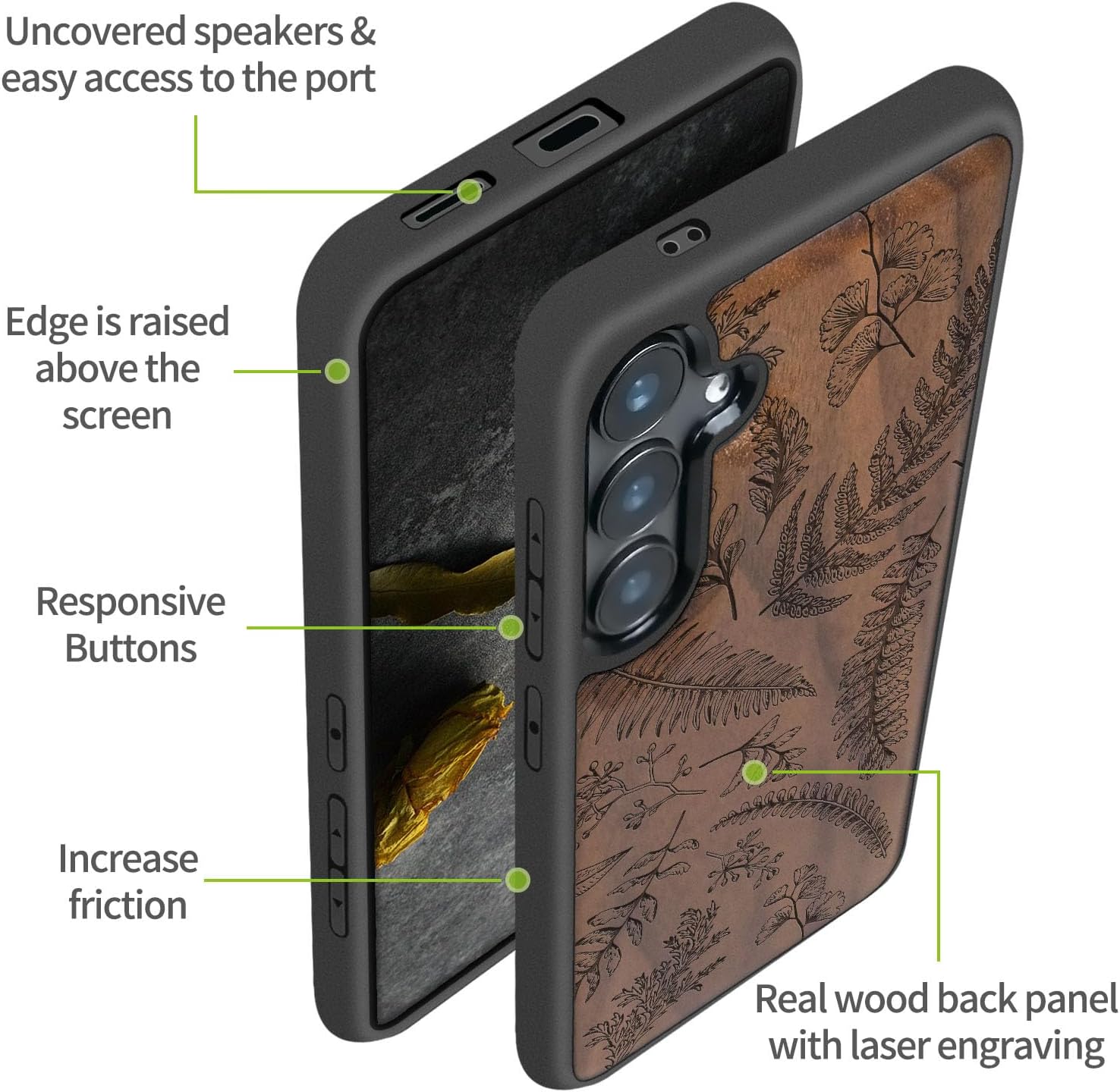 Carveit Magnetic Wooden Case for Samsung Galaxy S25 Case 2025, TPU Shockproof Cover & Wood Artisan Engraved, Compatible with MagSafe Wireless Chargers (Fern Leaves & Herbs) Walnut