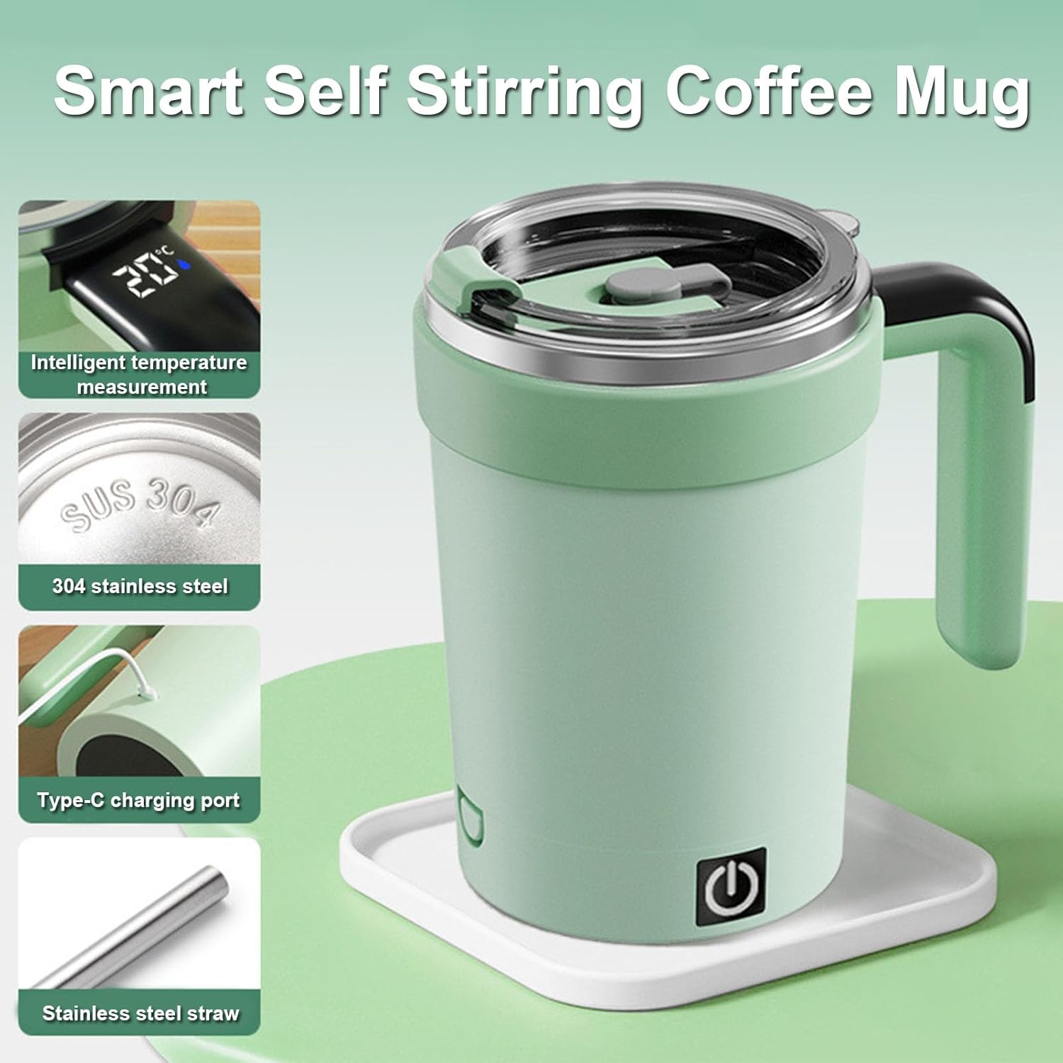 2026 New Smart Self Stirring Coffee Mug with Temperature Display, Automatic Magnetic Mixing Mug, USB Rechargeable Electric Cup, Food-Grade Stainless Steel for Coffee, Milk & Hot Chocolate (Green)