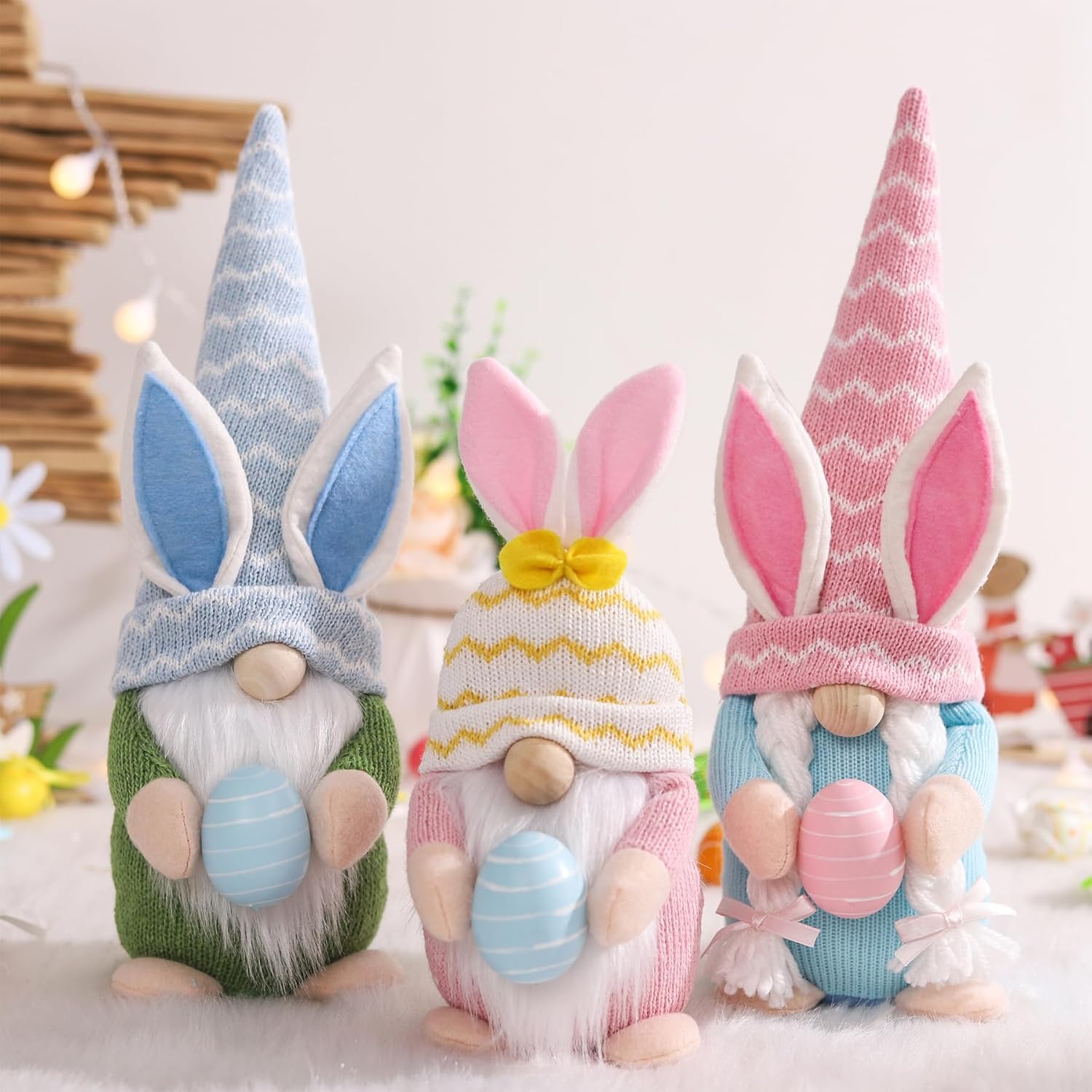 Easter Gnomes Decoration, 3 PCS Spring Bunny Dolls with Easter Egg Handmade Faceless Elf Dwarf Home Decor Gift for Wife, Swedish Rabbit Tomte Table Ornaments Tiered Tray