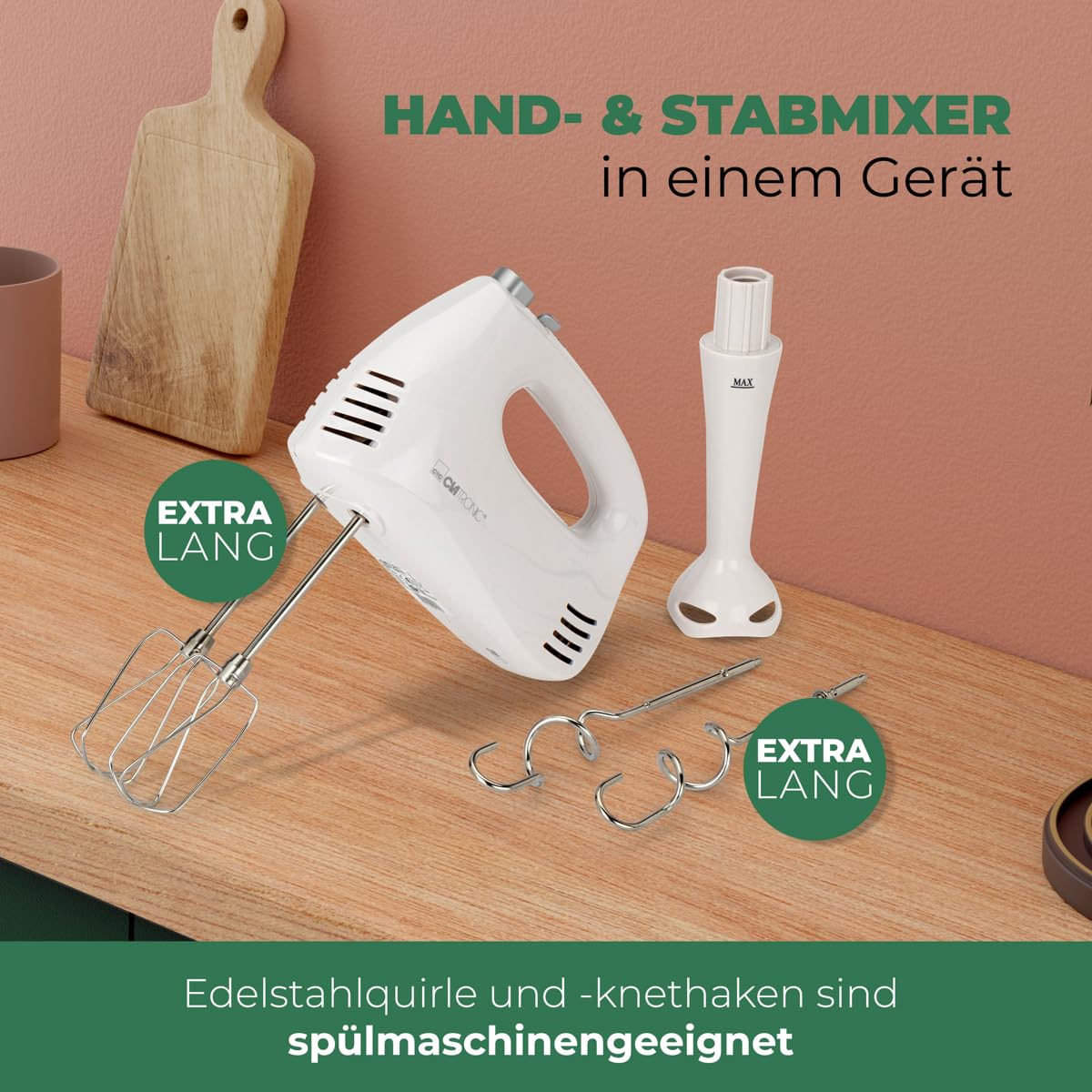 Clatronic® Mikser ręczny | mikser ręczny i ręczny w jednym, mieszadło ręczne z mocnym silnikiem o mocy 300 W, mieszadło z 5 stopniami prędkości, poziom turbo i przycisk wyrzutu, HM 3524