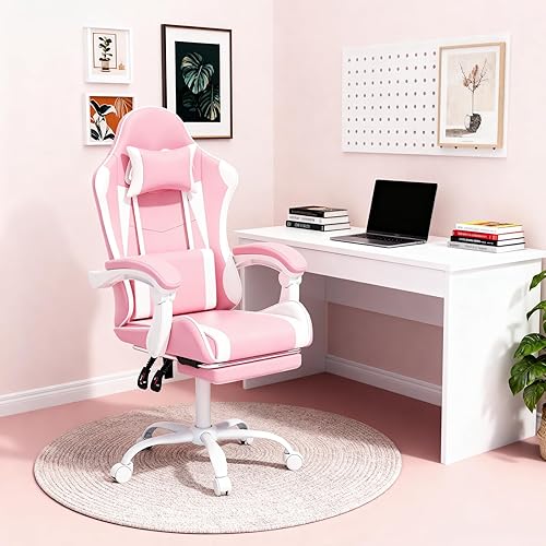 Miniatura 2 de MoNiBloom Silla de juegos con reposacabezas y soporte lumbar, silla ergonómica de carreras para computadora con reposapiés, silla giratoria de cuero