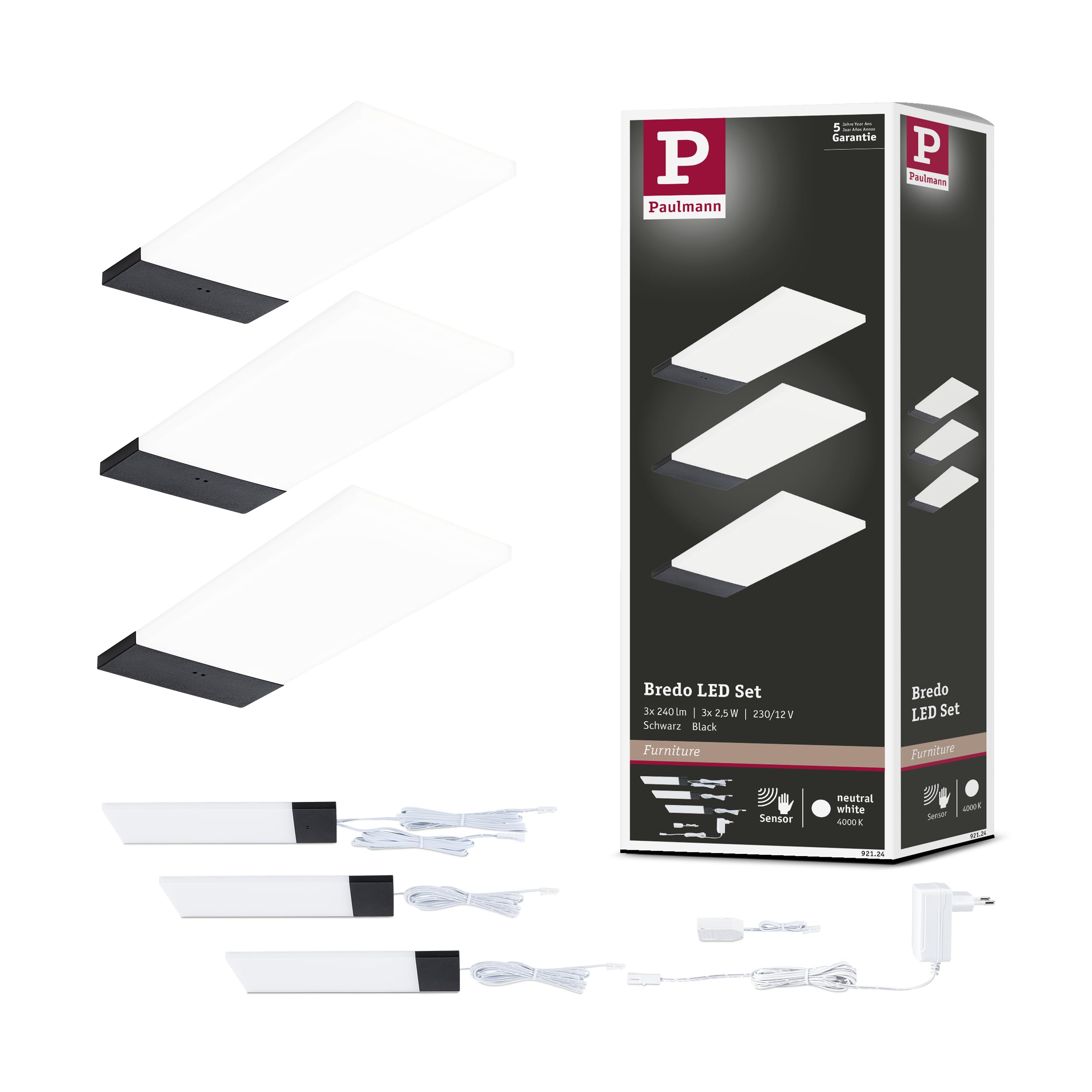 Paulmann 92124 LED sous-meubles Bredo avec capteur de proximité kit de 3 4000 K 2,5W 80x190 mm 180lm Noir luminaire en saillie pour meuble