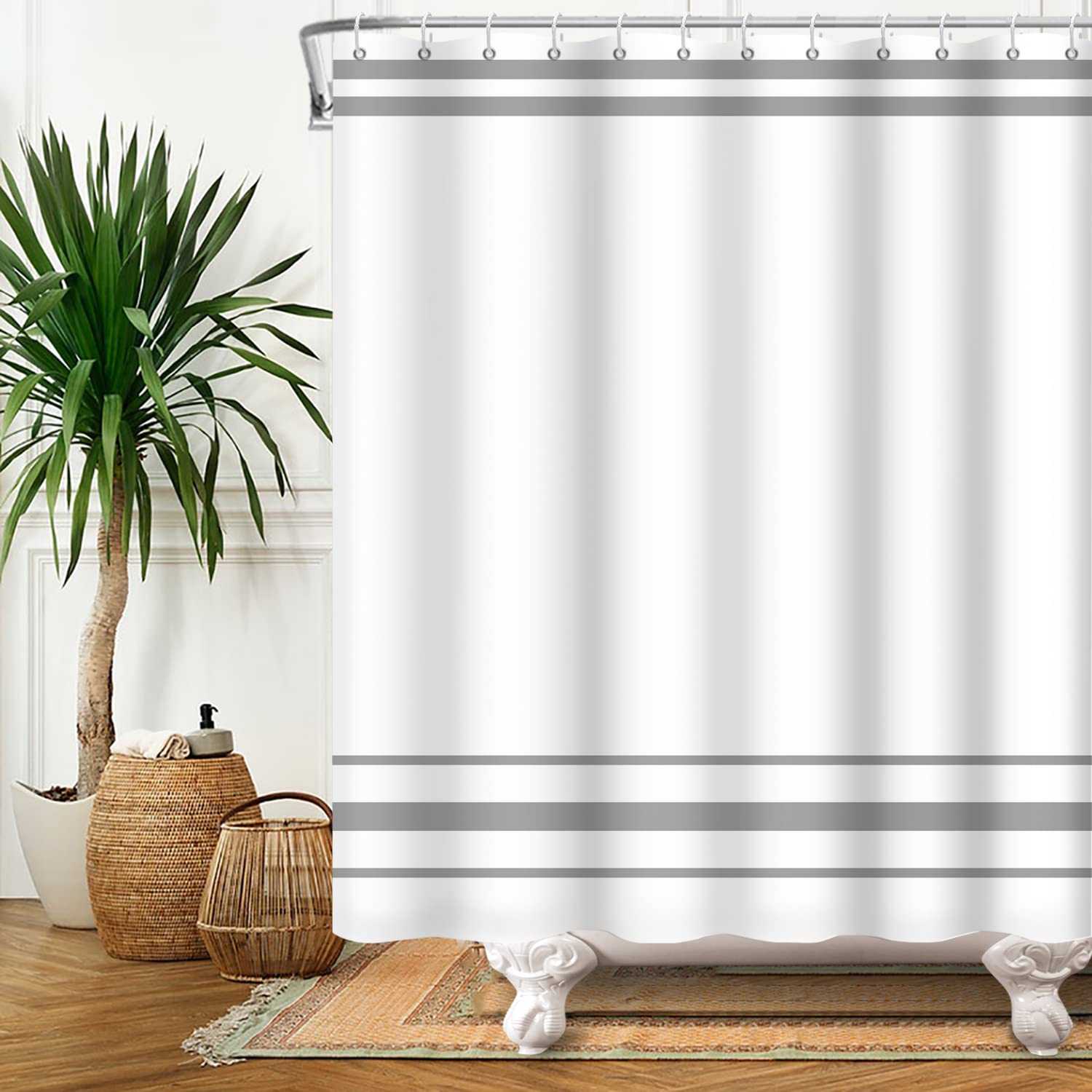 SDOTPMT 180x180cm Gray and White Shower Curtain Modern Minimalism Gray Striped Bath Curtain Countryside Farmhouse Classic Aesthetic Bathtub Curtain for Bathroom Decor Polyester with Hooks - Image 2