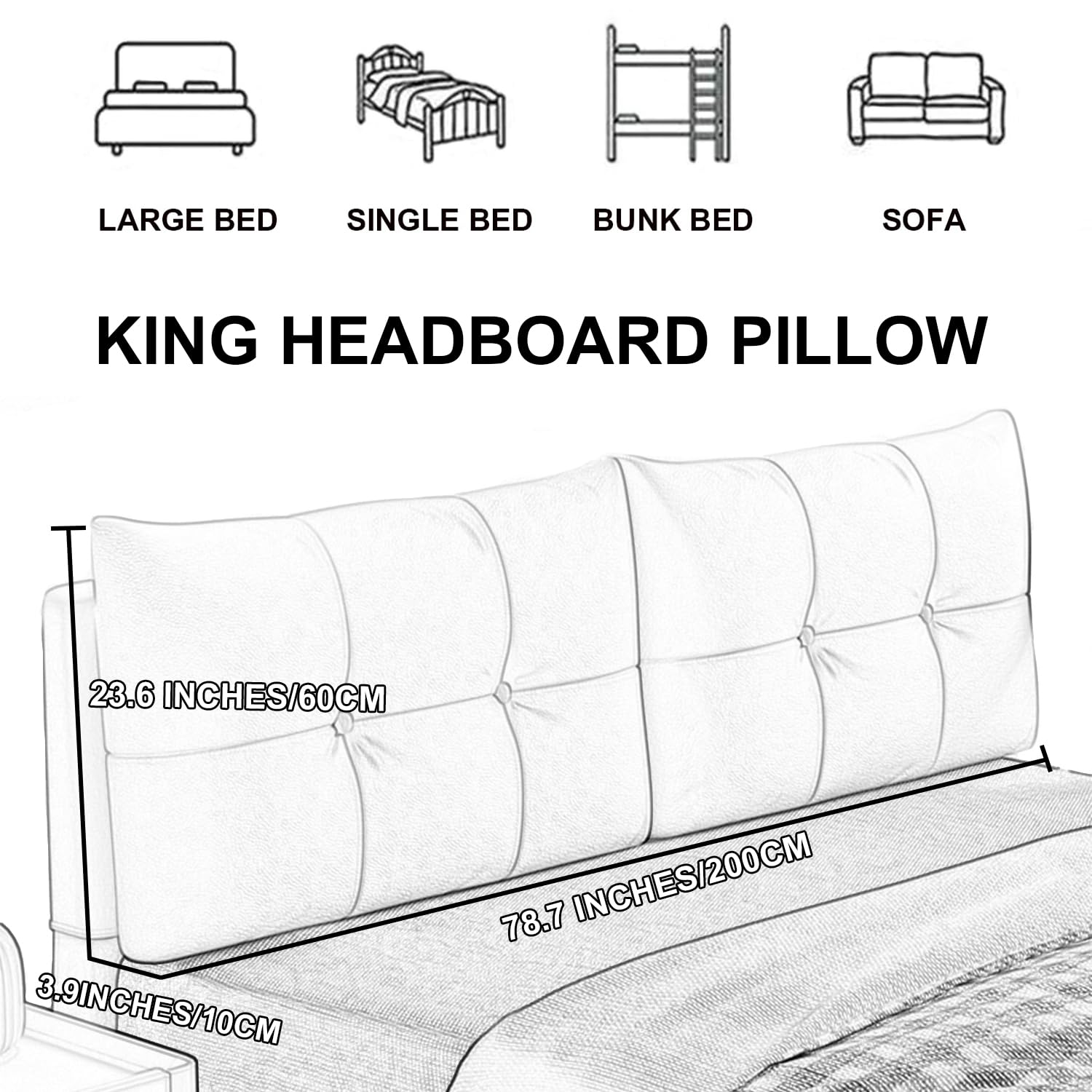 Tête de lit murale avec coussin en similicuir gris – Grand dossier rectangulaire avec boutons fixes – Housse amovible parfaite pour la maison et le dortoir – 200,7 cm – King size