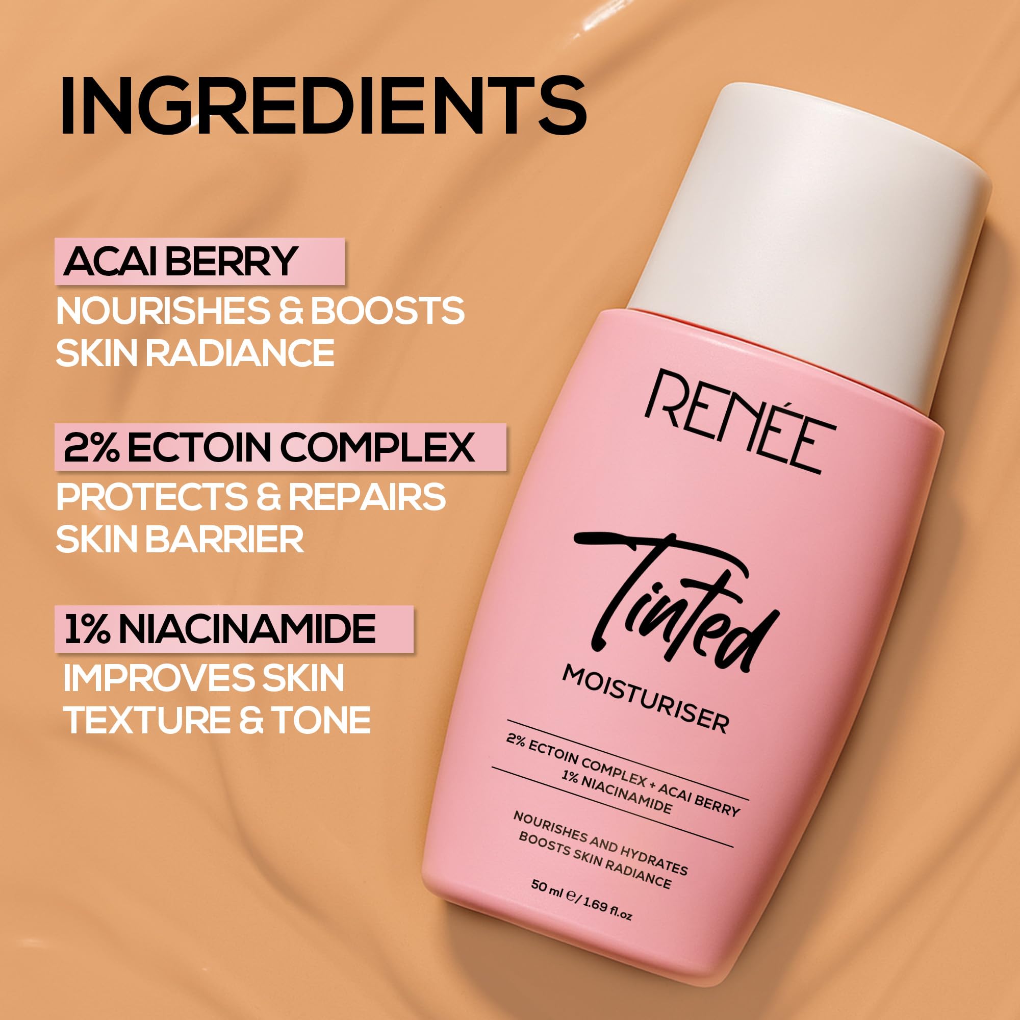 RENEE Tinted Moisturiser - Sunkissed Sand| Hydrates, Boosts Radiance, Repairs Barrier & Brightens Skin | With Niacinamide, Acai Berry & Ectoin | 50 ml 1