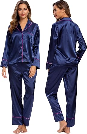 ALCEA ROSEA Womens Silk Satin Pajamas Set 2 Piece Silky Pj Sets Sleepwear Loungewear Button Down Short Sleeve Bridesmaid Pjs