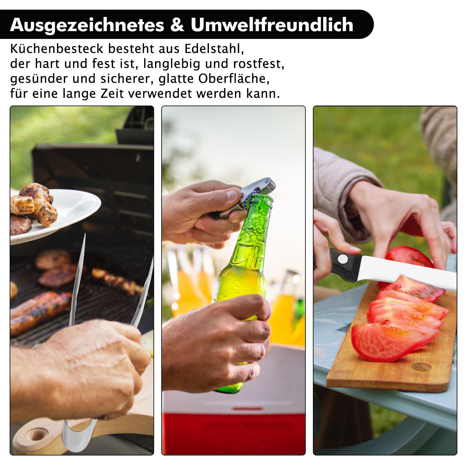 Camping Besteckset 4 Person, 20 PCS Picknick-Teller und Utensilien-Set, Tragbares Geschirr, Edelstahl-Besteck-Kombination mit Organizer-Tasche, Wiederverwendbar, Langlebig