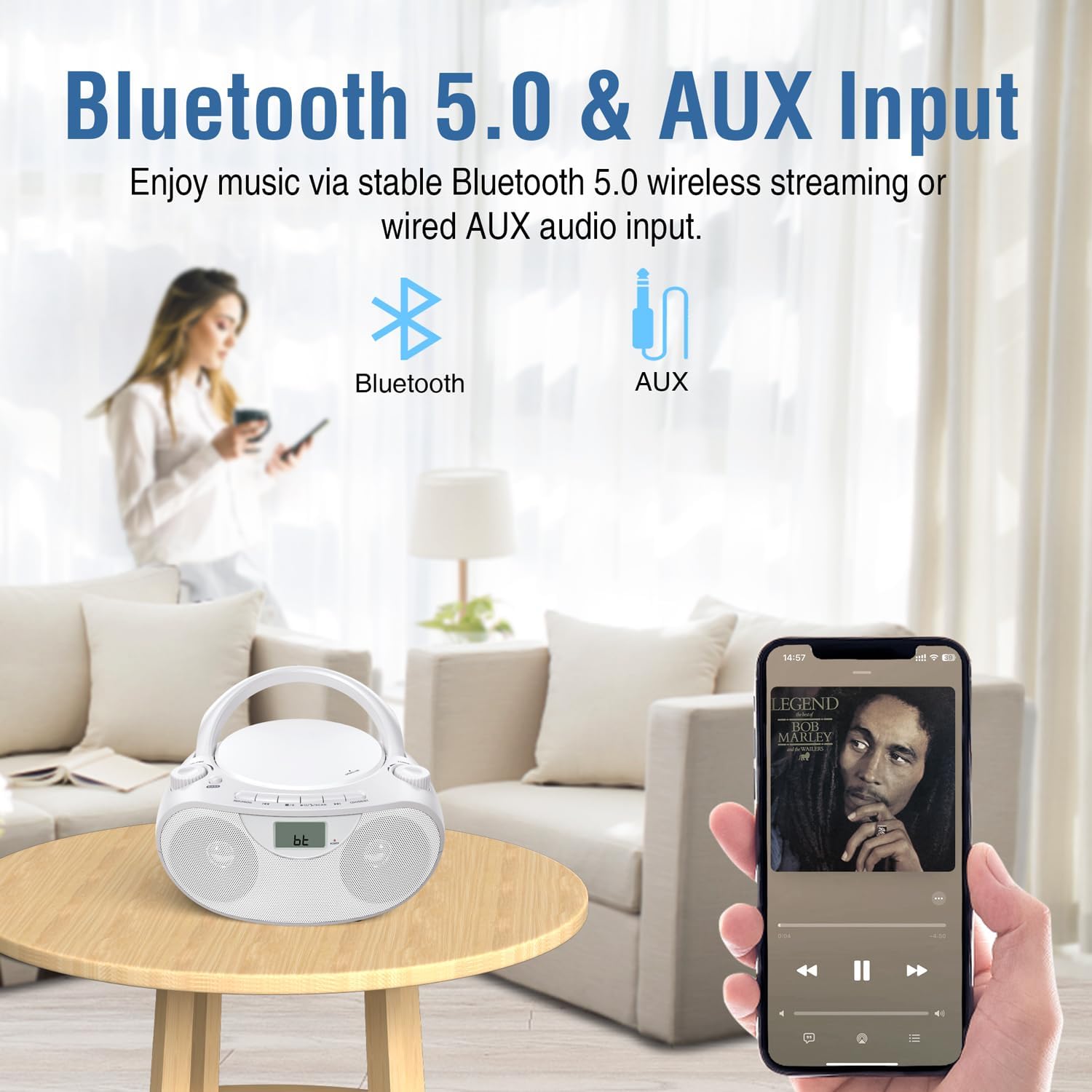 Portable CD Player Bluetooth Boombox with AM/FM Radio, USB, AUX-in, Headphone Jack, CD-R/RW & MP3-CD Compatible, Stereo Sound with Bass Boost, AC/Battery Operated – White - Image 6