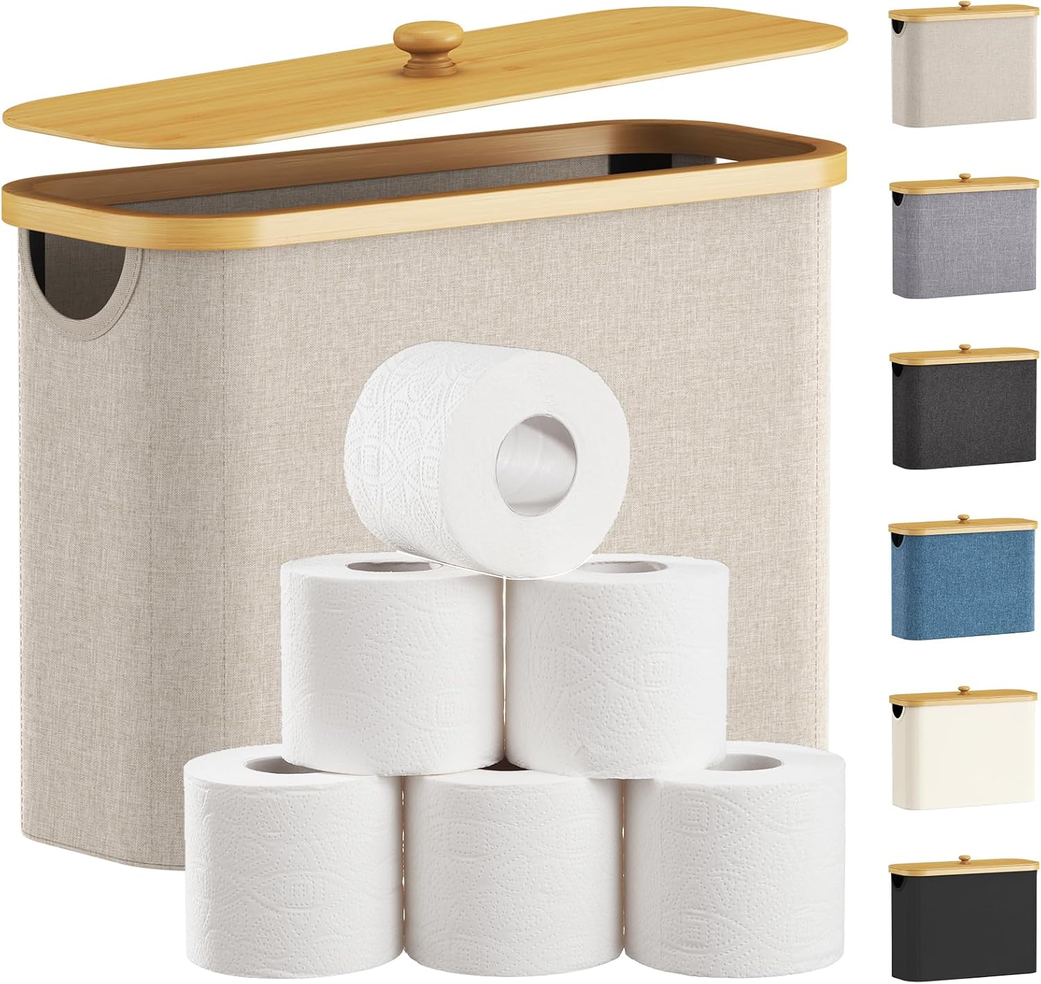 Lifewit 23L Toilet Paper Storage Holder for 9 to 12 Rolls, Free Standing Toilet Paper Basket Stand with Bamboo Lid, Collapsible Fabric Bathroom Organizer Box for Mega Rolls, Large, Beige Beige 23L - Image 1 of 8