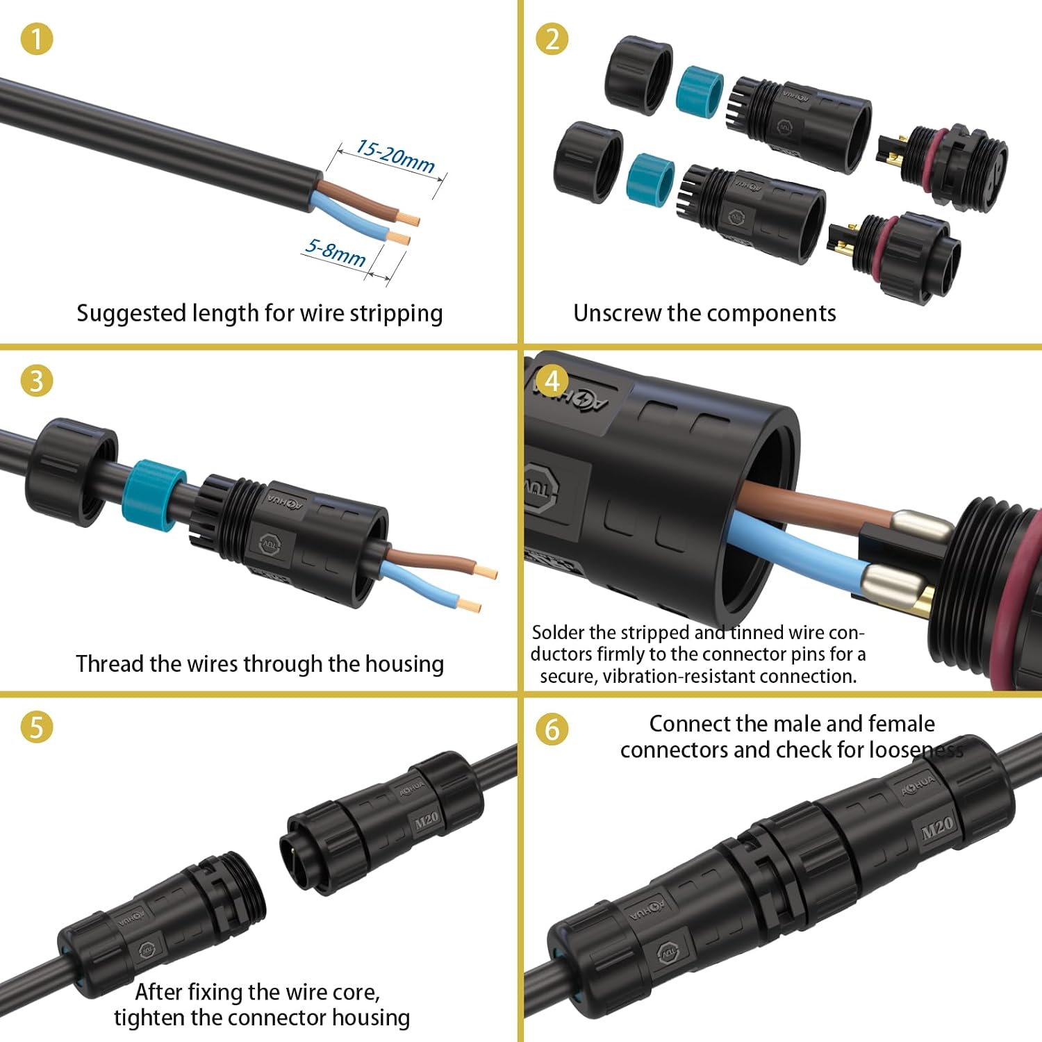 AOHUA M20 Waterproof Connector (4-Pack) - IP68 Junction Box, 2-Pin Male/Female Plug for Ø5.5-10mm Cable, 300V/15A Outdoor Electrical Use, UL TUV CE ROHS Certified (AH-M20-1502MMZ/FFZ01112)