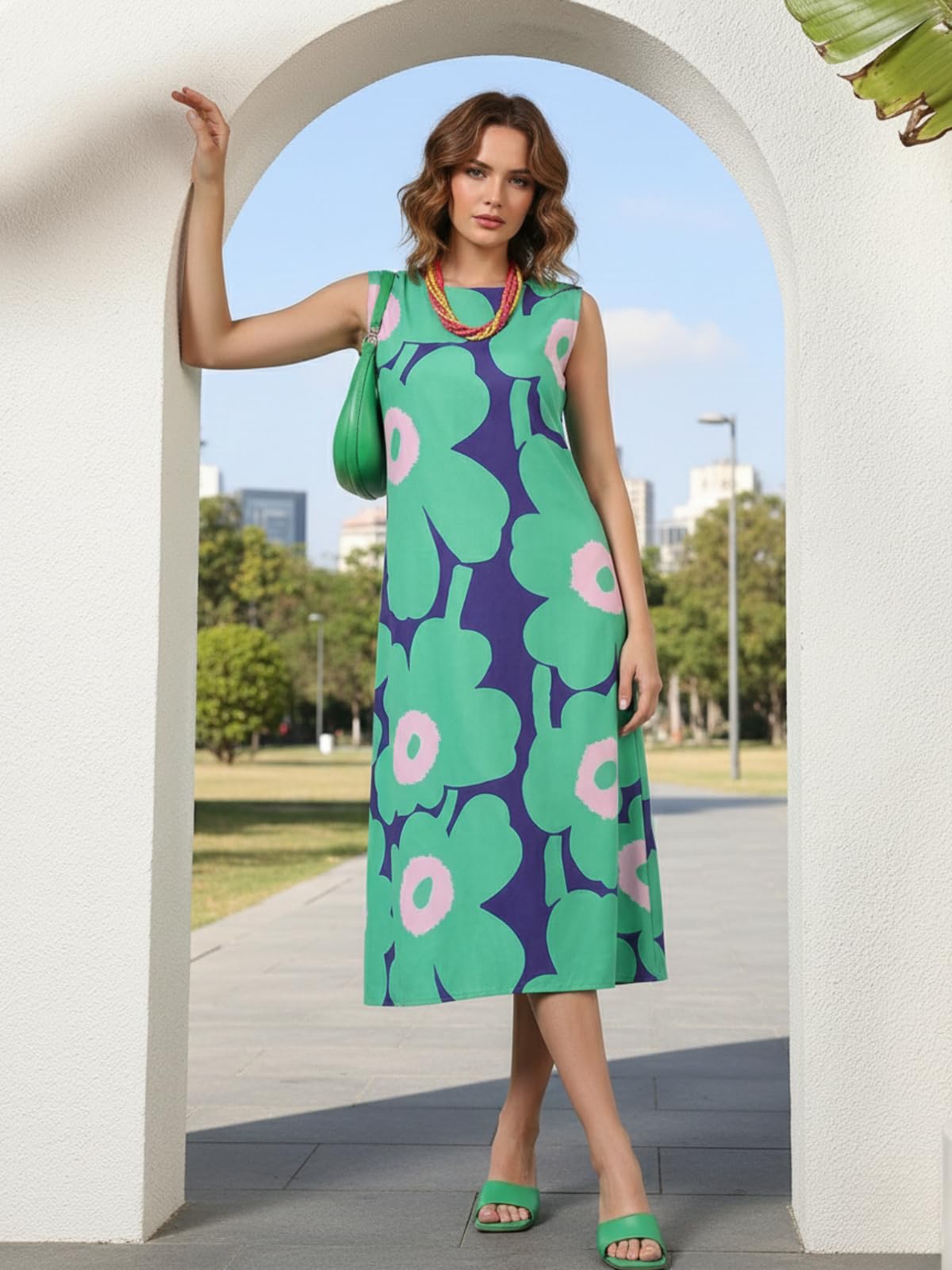 GRECIILOOKS Vestido de mujer para mujer, vestido de una pieza occidental sin mangas largo para mujer, vestidos de verano estampados casuales para playa y elegantes trajes de fiesta