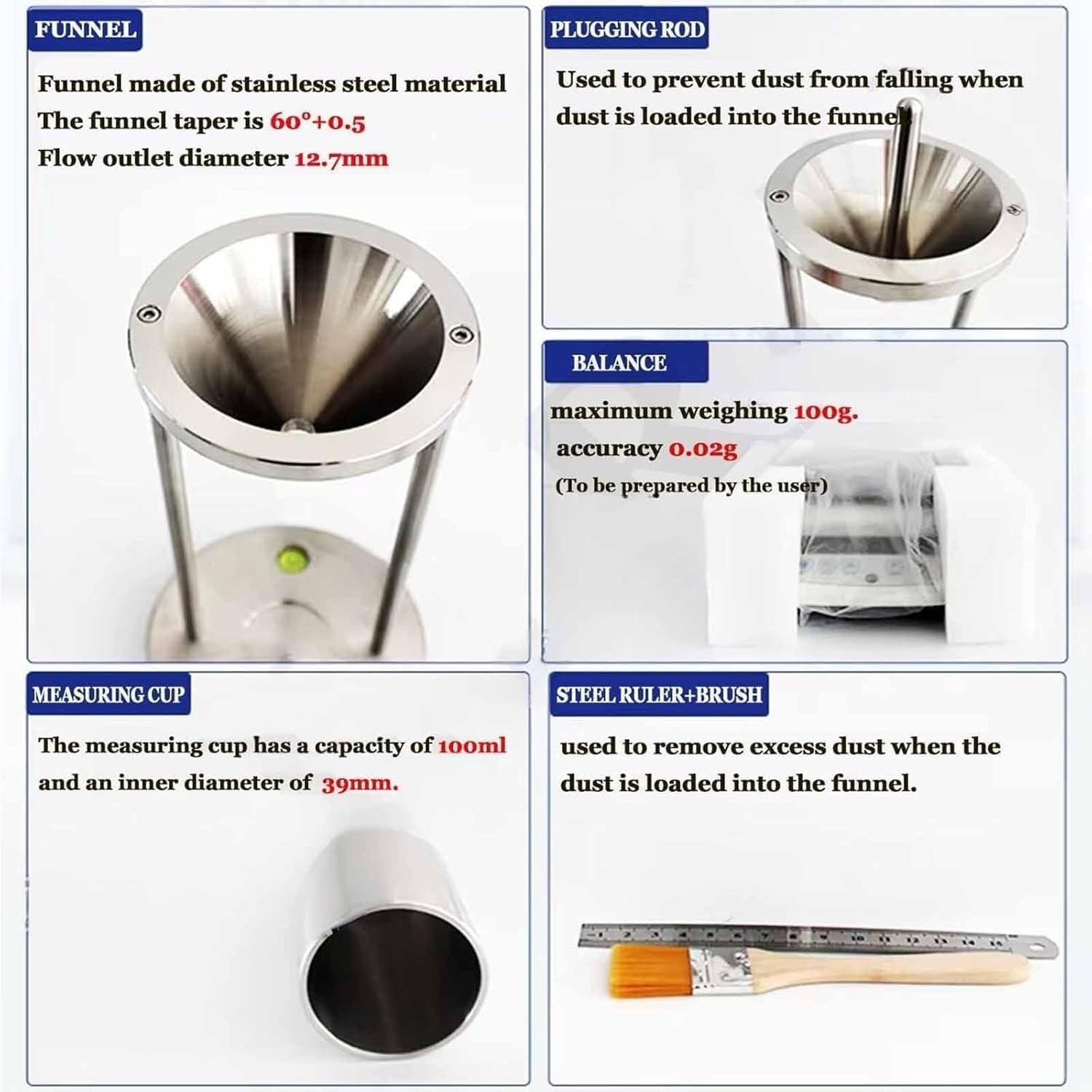 This Powder Density Tester, Stainless Steel Volumeter with Measuring Cup and Funnel for Accurate Bulk Density Measurement in Laboratory and Industrial Settings