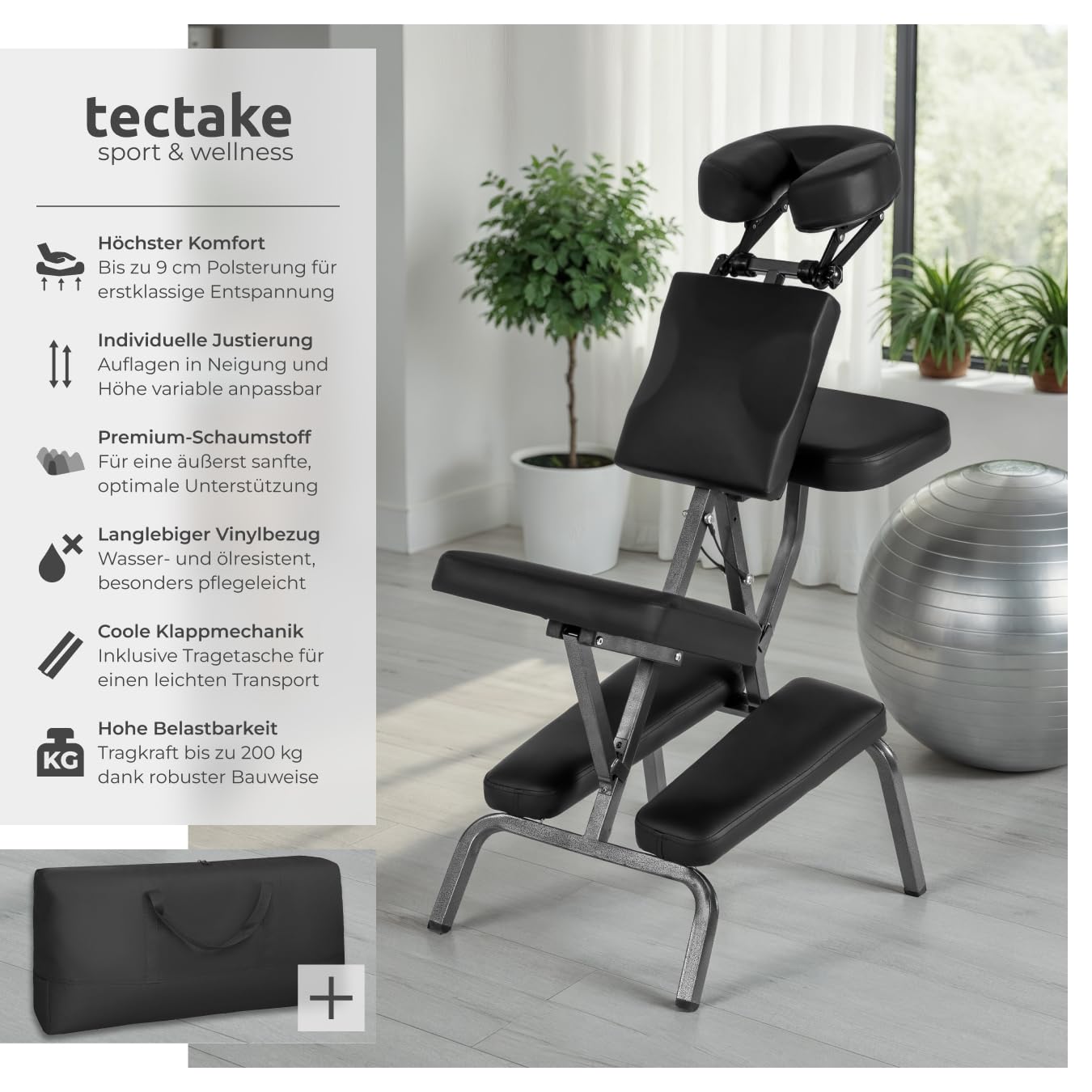 Tectake Massagestuhl klappbar ergonomischer Hocker ohne Armlehne mobil portabel Behandlungsliege zusammenklappbar mit Tragetasche schwarz