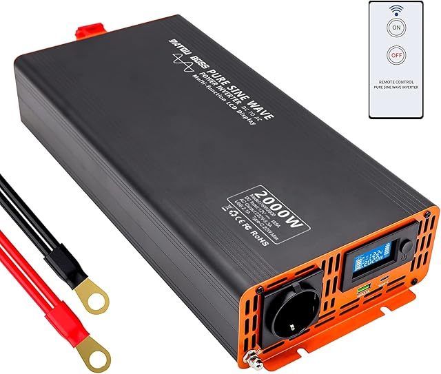 DATOUBOSS Przetwornica 12v 230v Czysty Sinus 2000W konwerter samochodowy falownik z pilot zdalnego sterowania i wyświetlaczem LCD 1 gniazda AC-pilot zdalnego i 1 x port USB 1X Port type-C