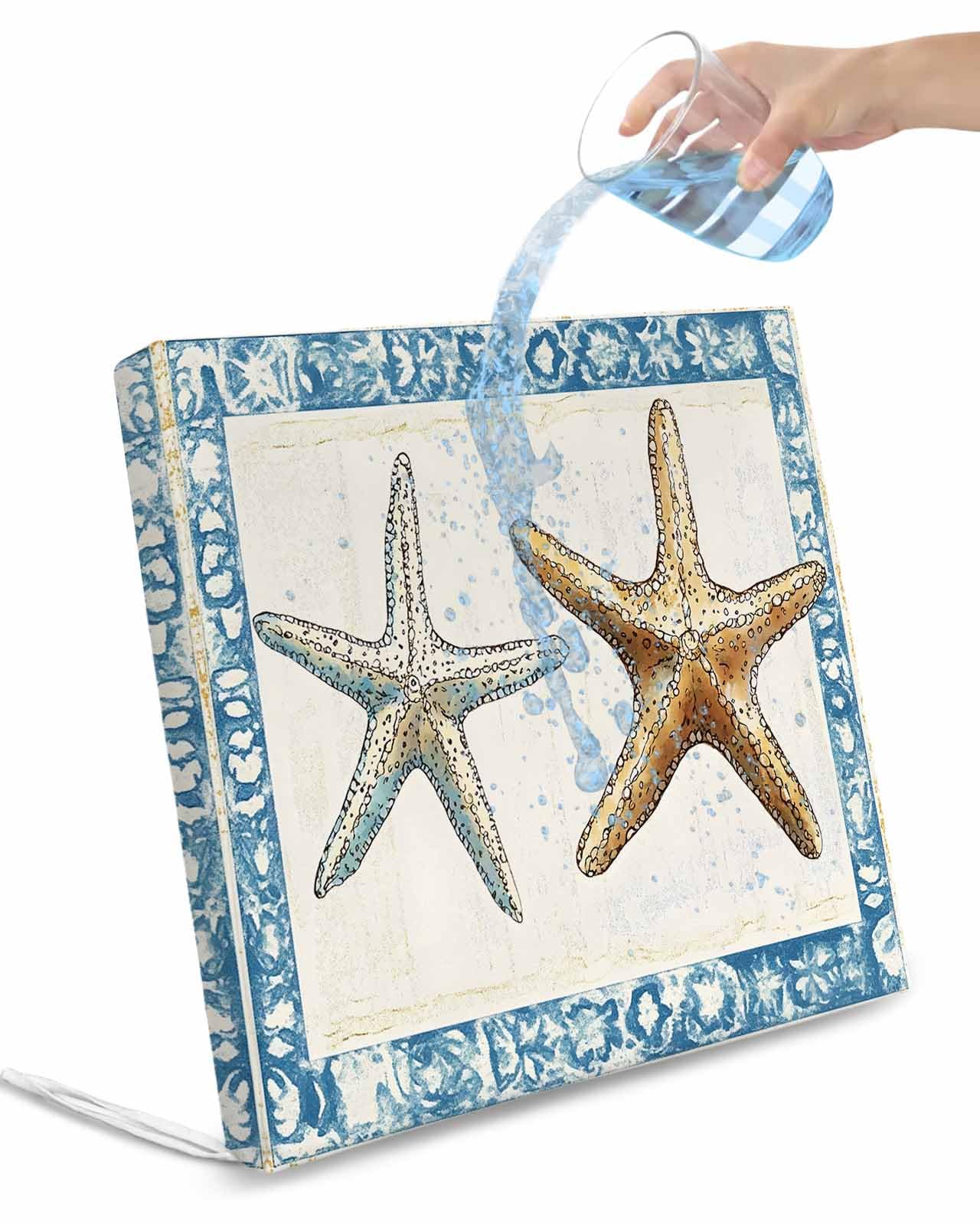 2 Pack Blue Beige Coastal Beach Waterproof Cushion Covers with Ties, Outdoor Patio Chaise Lounge Chair Seat Cushion Slip Covers Replacement(Only Cover) Summer Vintage Starfish 20