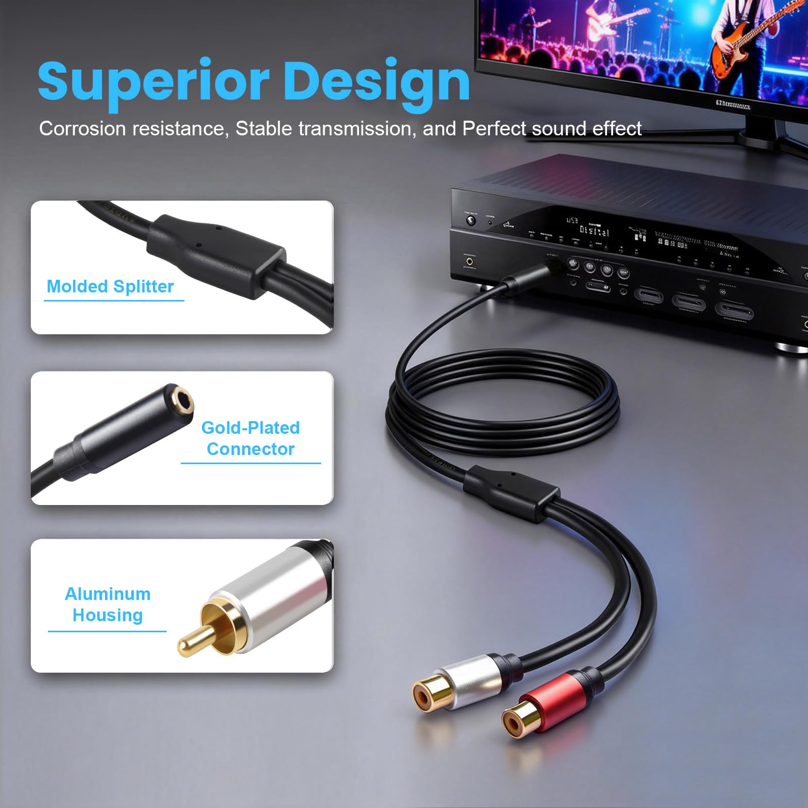 Soshine RCA Y Splitter 1 hembra a 2 machos (paquete de 2), adaptador de audio divisor de cable RCA chapado en oro de 3 pies para subwoofers, cine en casa, amplificadores, sistemas de alta fidelidad