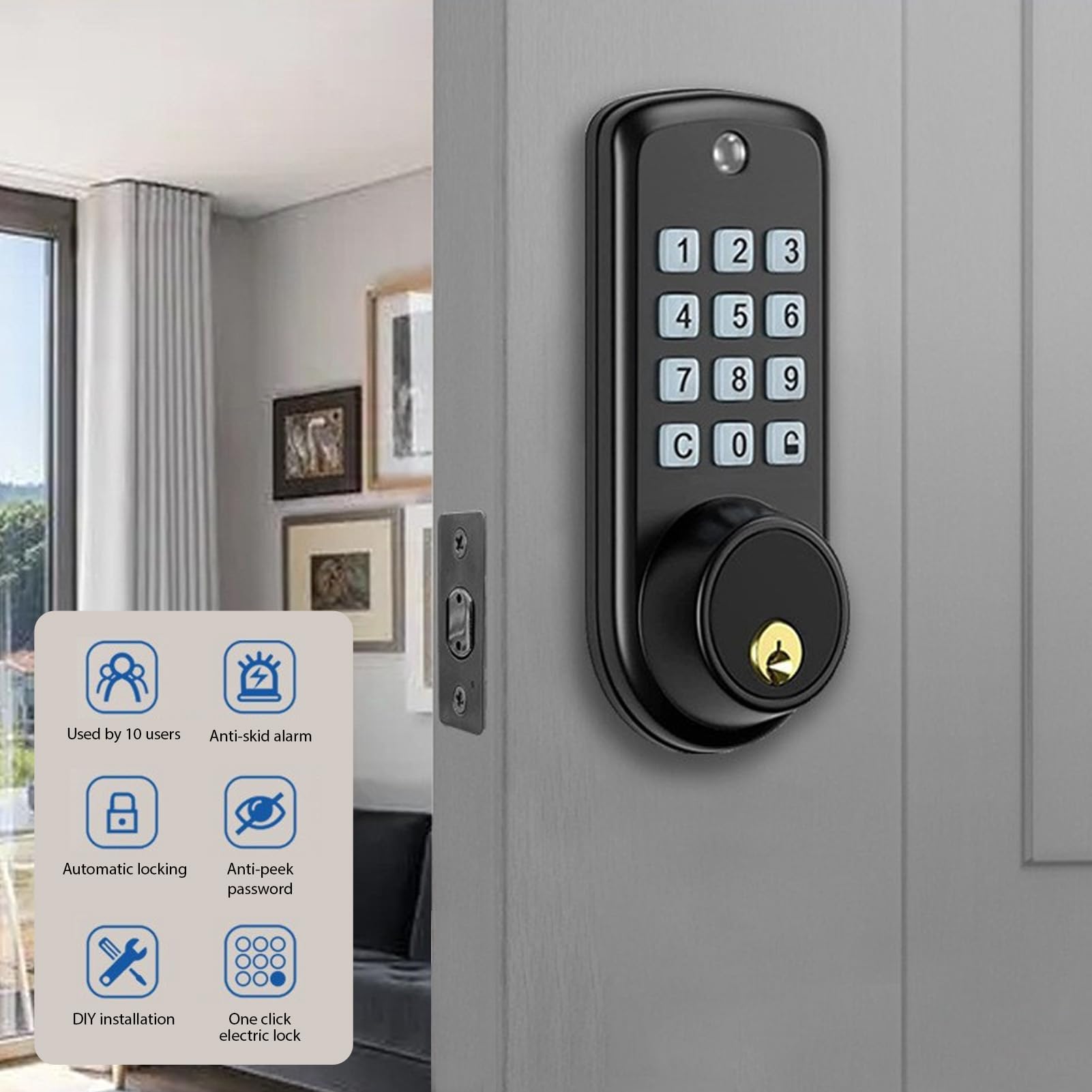 Pongnas Cerradura Inteligente, Entrada sin Llave, 35-55mm, for Puertas con | Teclado Electrónico de Aleación de Zinc, Acceso con Contraseña y Llave, para Puertas de Madera y Acero en Hogar u Oficina