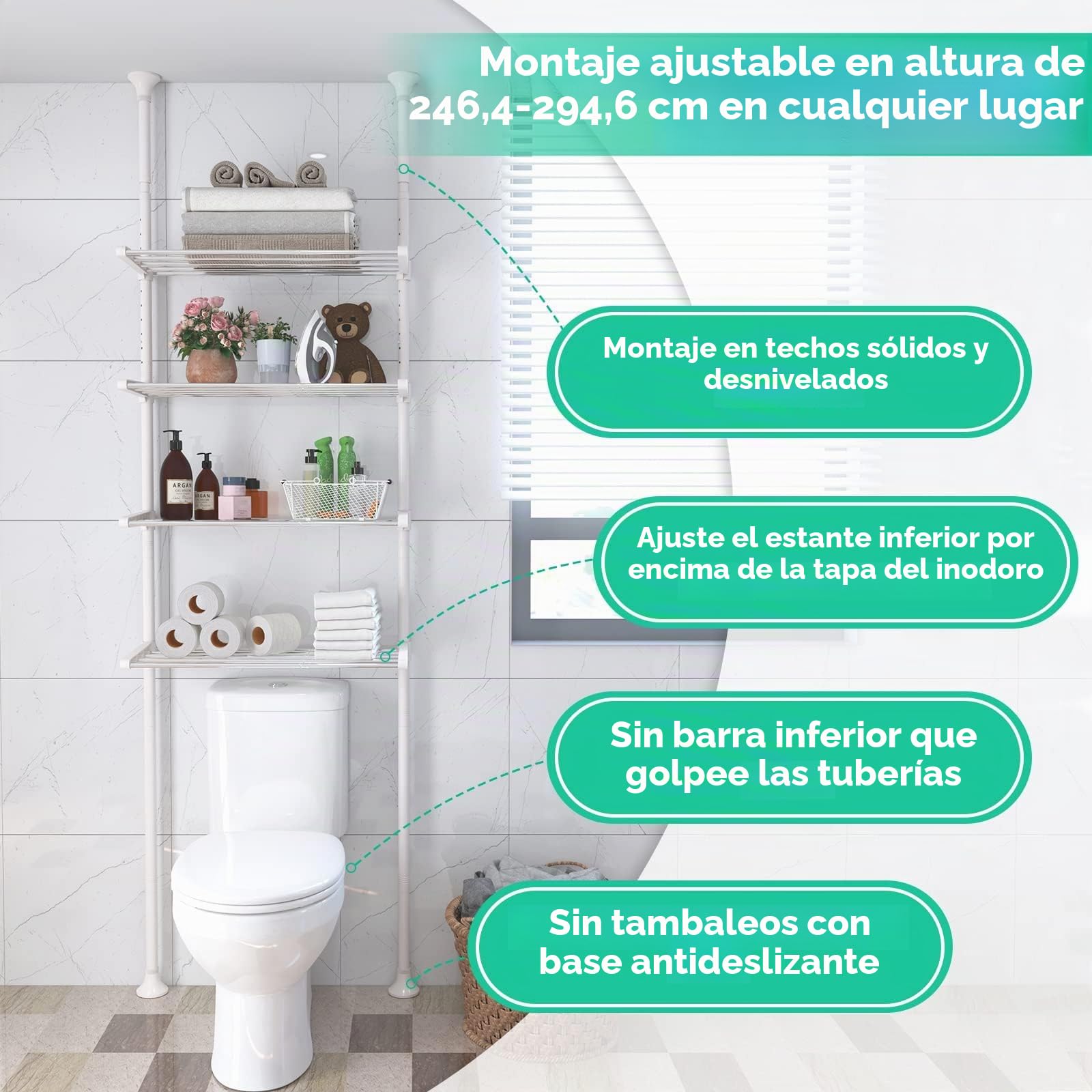 Estantería para inodoro con estantes ajustables de 4 niveles, ahorra espacio y barra doble tensora de pie, organizador de baño sin necesidad de