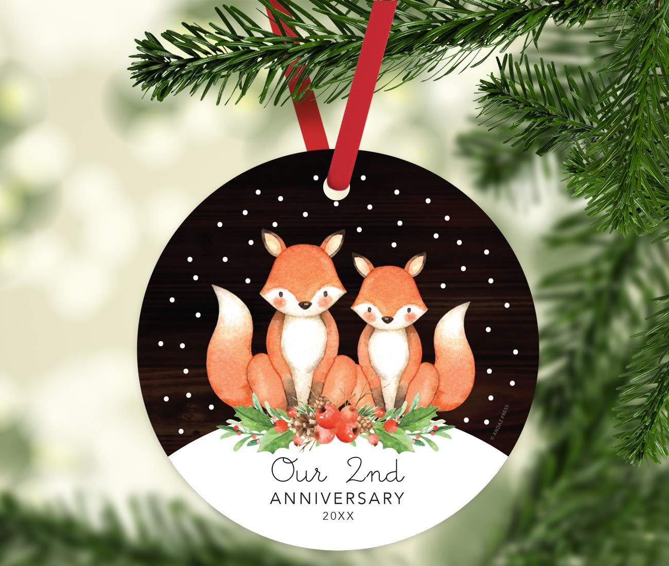 Andaz Press Custom Year Metal Christmas Ornament, Our 2nd Anniversary 2024, Watercolor Fox in Snow, 1-Pack, Includes Ribbon and Gift Bag