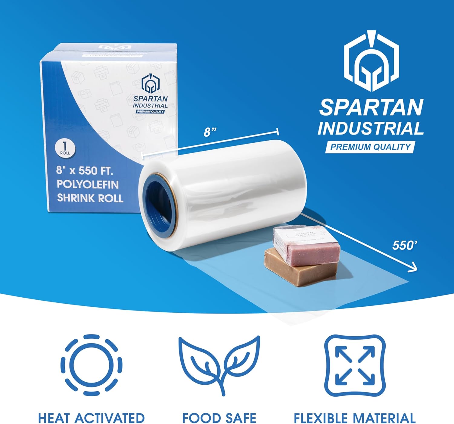 Spartan Industrial - 8" X 550' Polyolefin Centerfold Heat Shrink Wrap Roll - 80 Gauge Shrinkable Film for Packaging Books, Toys, Sporting Goods, Medical Supplies, and More 8" X 550 Ft.
