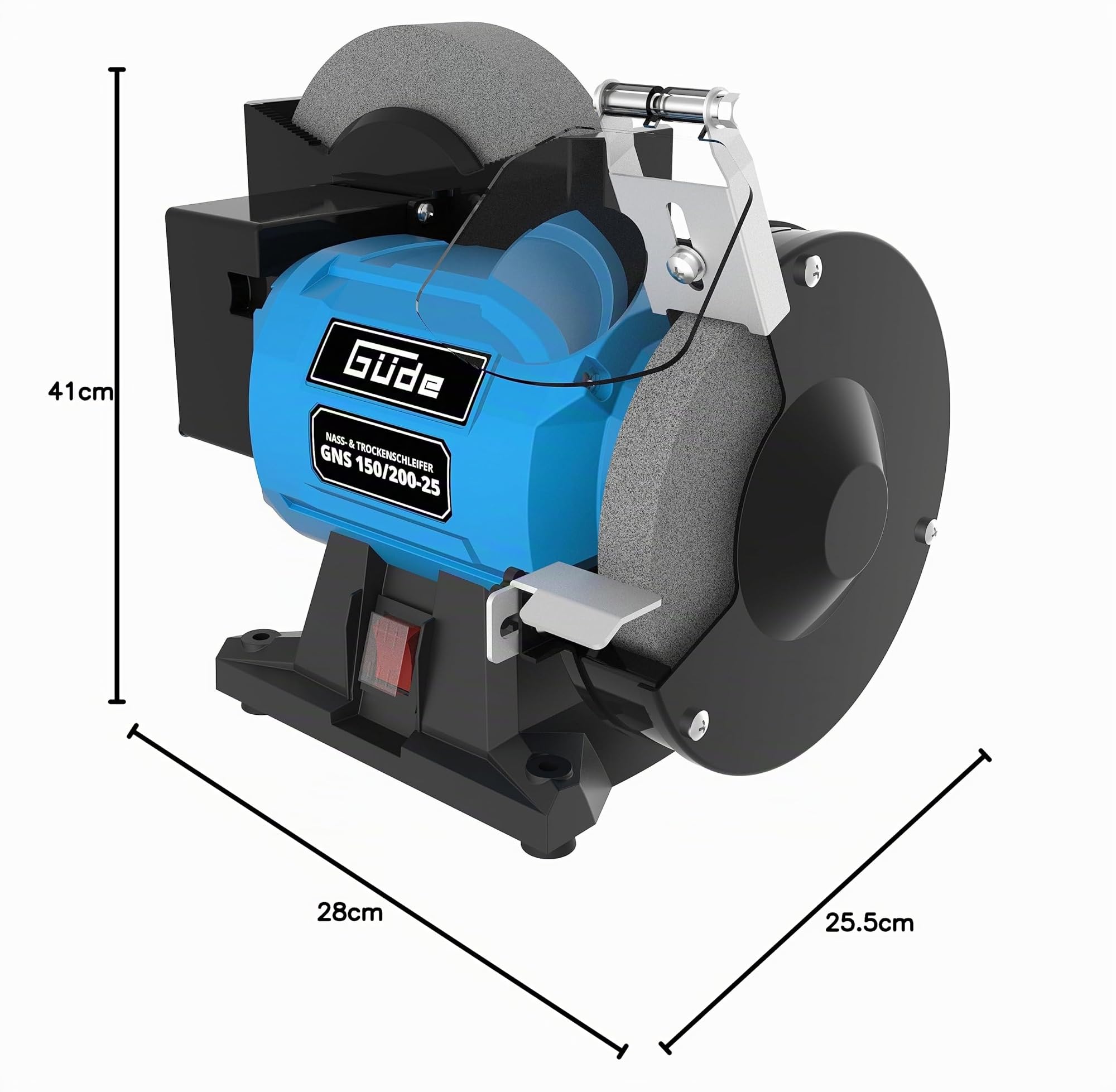 Güde 55238 GNS 150/200-55238 - Lijadora en seco y húmedo con motor de condensador y carcasa de metal estable, incluye disco abrasivo de 200 y 150 mm de diámetro, 250 W, 2950 min-1, color azul