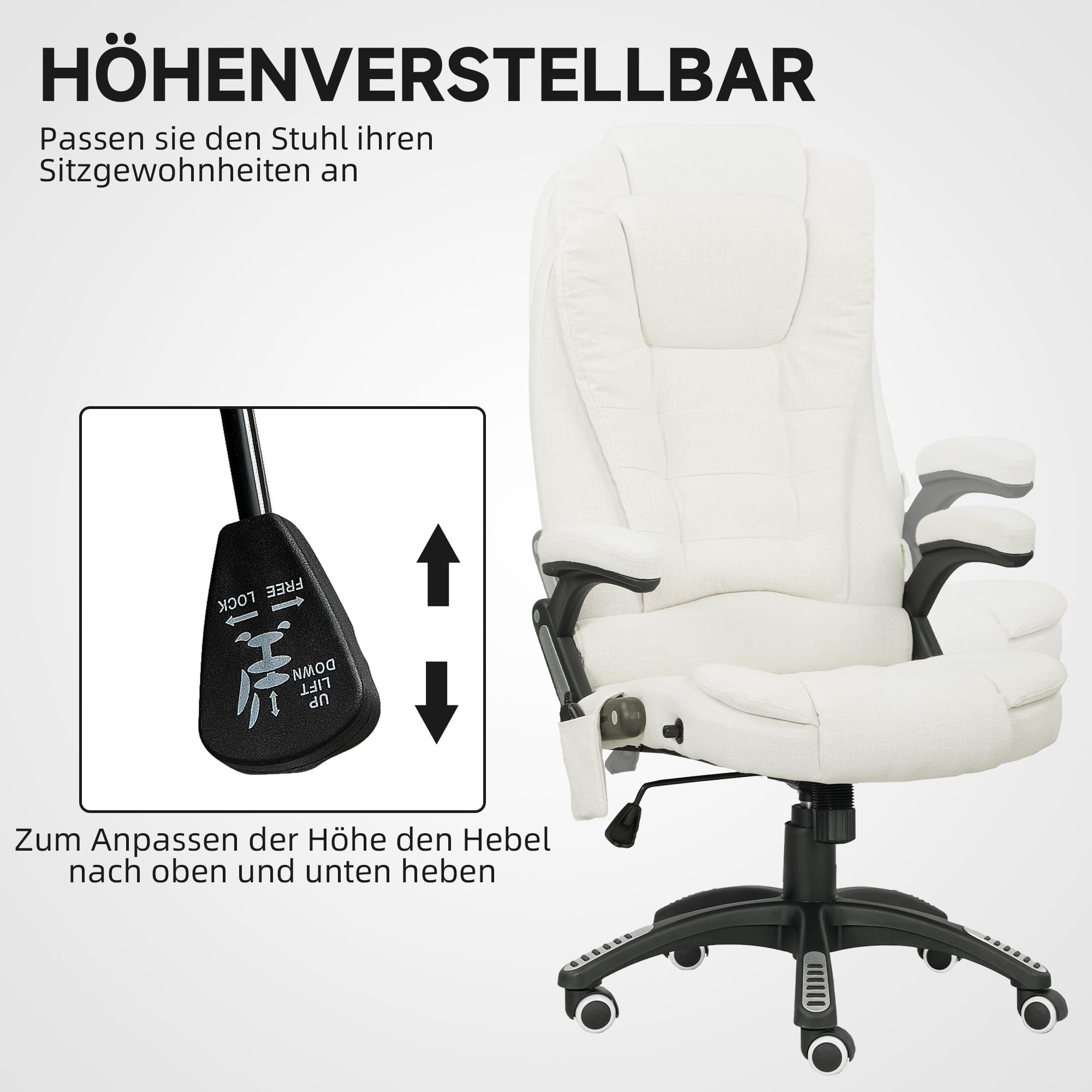 Vinsetto Bürostuhl mit Massagefunktion Ergonomischer Chefsessel mit Heizfunktion, Liegefunktion, Wippfunktion Höhenverstellbar 360° Drehbar Computerstuhl mit Seitentasche, Leinenoptik, Cremeweiß