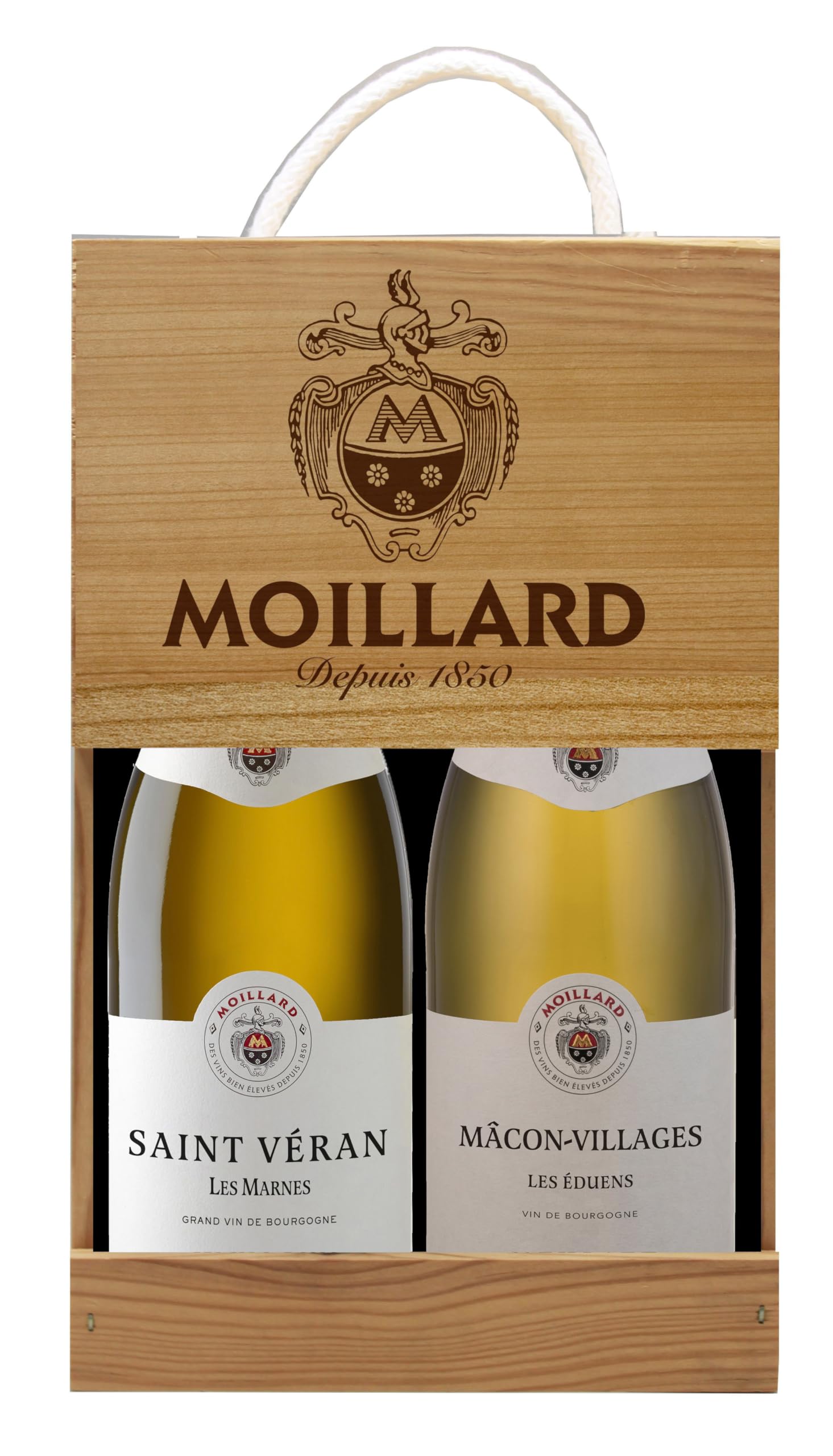 Moillard - Gift box Saint-Véran, Mâcon-Villages, Chardonnay White wine, Burgundy Wines in wooden case (2 x 0,75L)