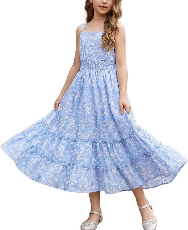 Vestido floral de verano para niñas Vestidos largos de primavera de Pascua para adolescentes Tiras delanteras con botones Flor Hawaiana Sundress 7-14
