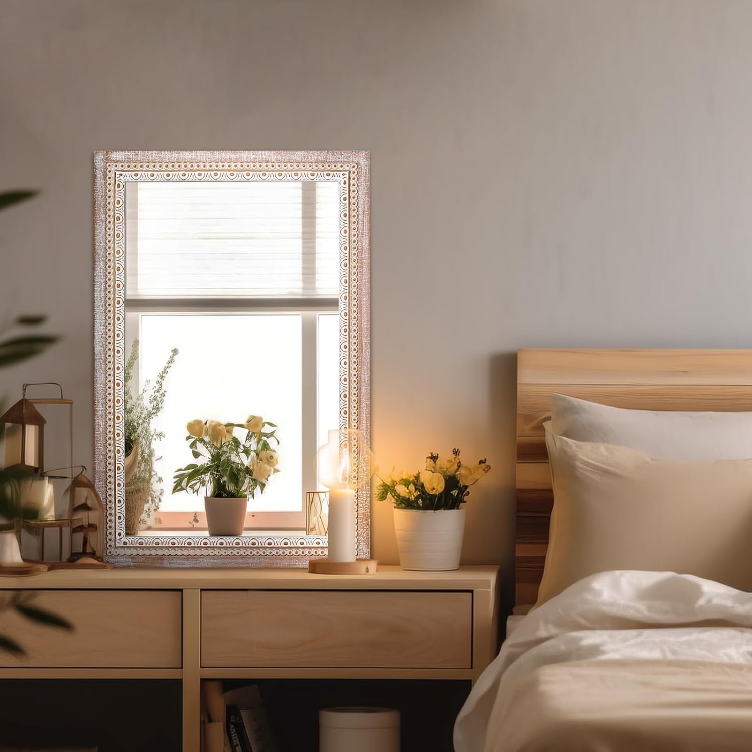 36x24 Inch Wooden Rectangle Bathroom Mirror, Rustic Decorative Wall Mirror for Over Sink, Living Room, Entryway, Boho Farmhouse Mirror with Beaded Frame (Horizontal/Vertical Mounting)