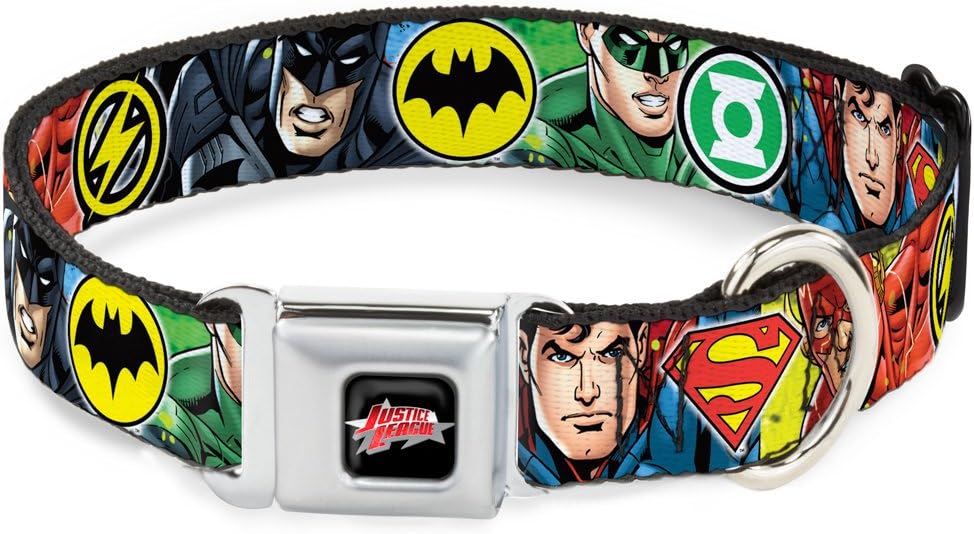 Dog Collar Seatbelt Buckle Justice League 4 Superhero Close Up Poses Logos 15 to 26 Inches 1.0 Inch Wide