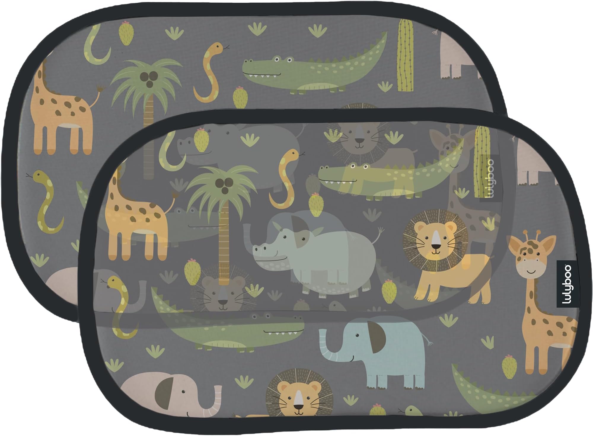 Lulyboo 2-Pack Car Window Shades for Baby - Oval Cling Sun Shades with UV Protection, Black Animal Pattern, Reusable, No Adhesives, Easy to Install, Sun Glare Blocker & Privacy Privacy