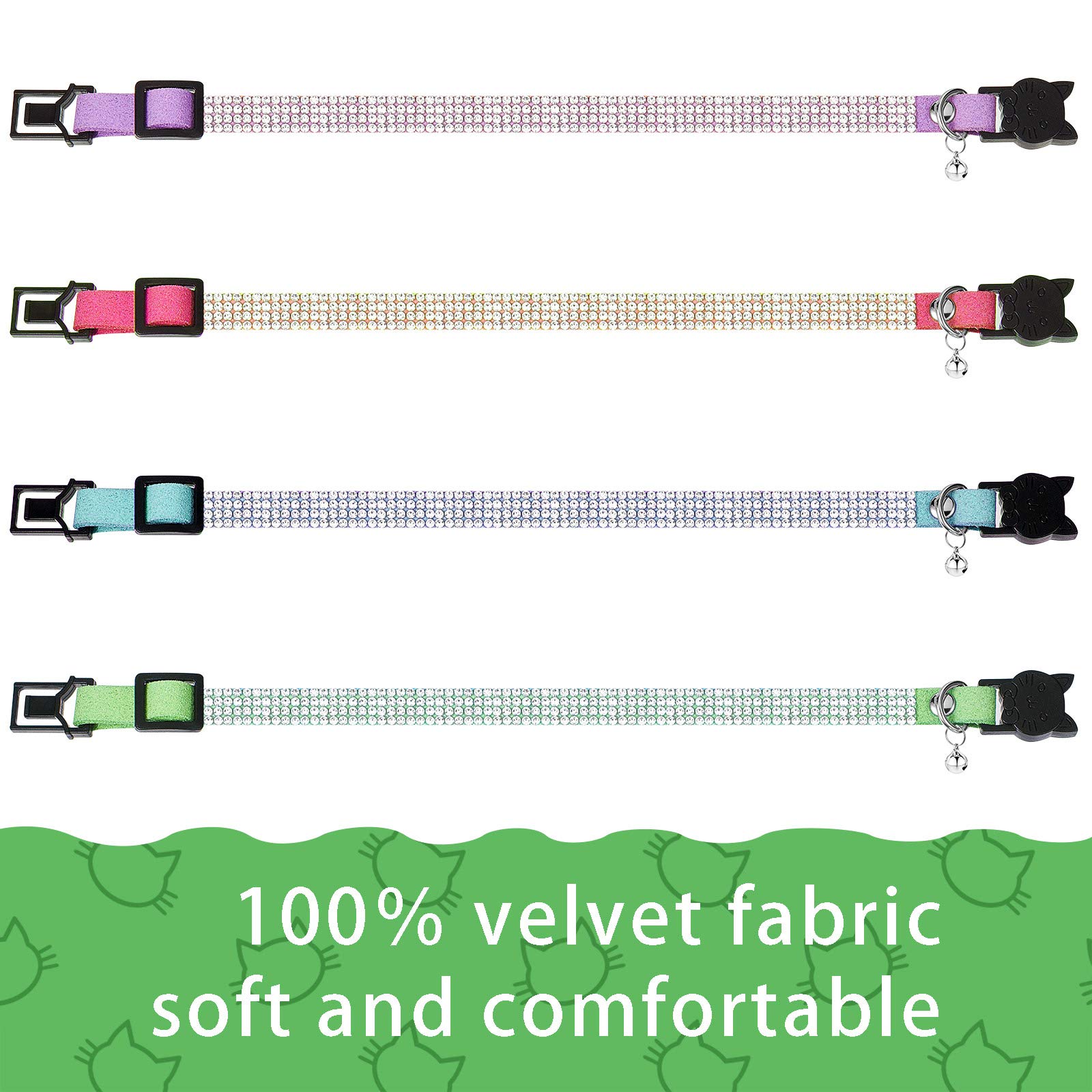 Weewooday Katzenhalsband Mit Strass – 4 Stück Set (XS, Gold, Rot, Rosa, Schwarz), Verstellbar 20-25 Cm, Mit Glöckchen Und Samt
