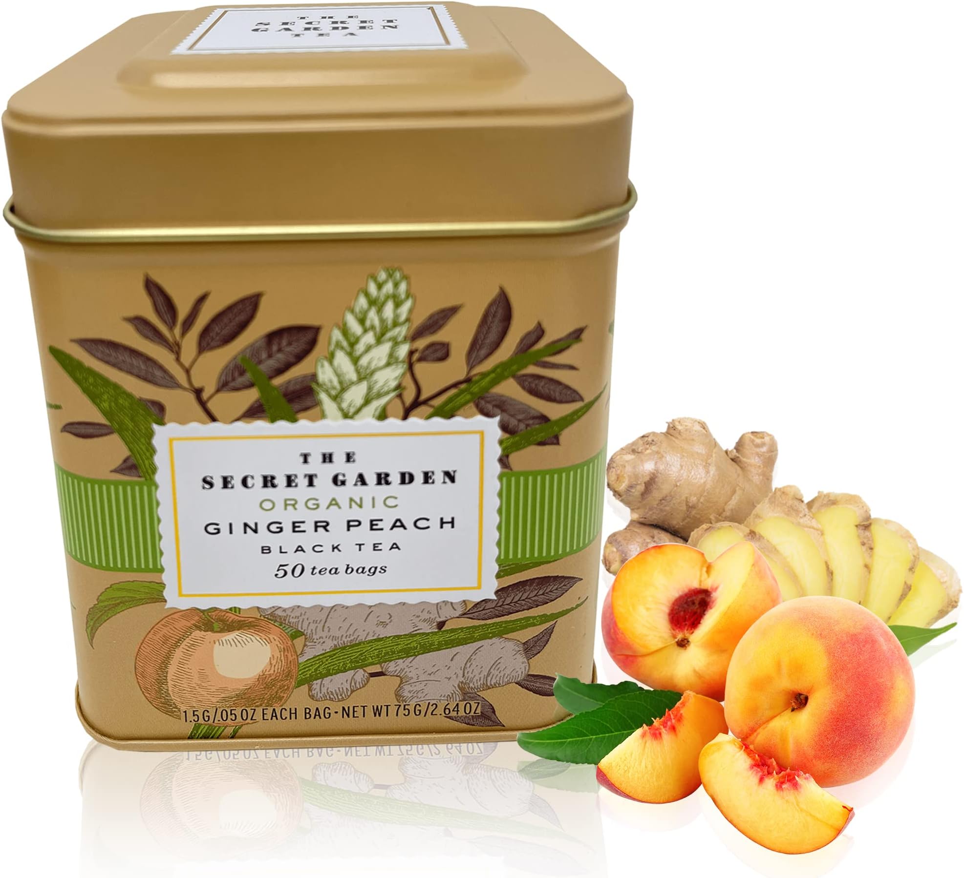 USDA Organic Ceylon Peach Ginger Black Tea 50 Teabags Premium Natural Caffeinated Antioxidant Rich Herbal NON GMO Keto And Diabetic Friendly In Designer Gift Tin - Bulk 2.0G Packets