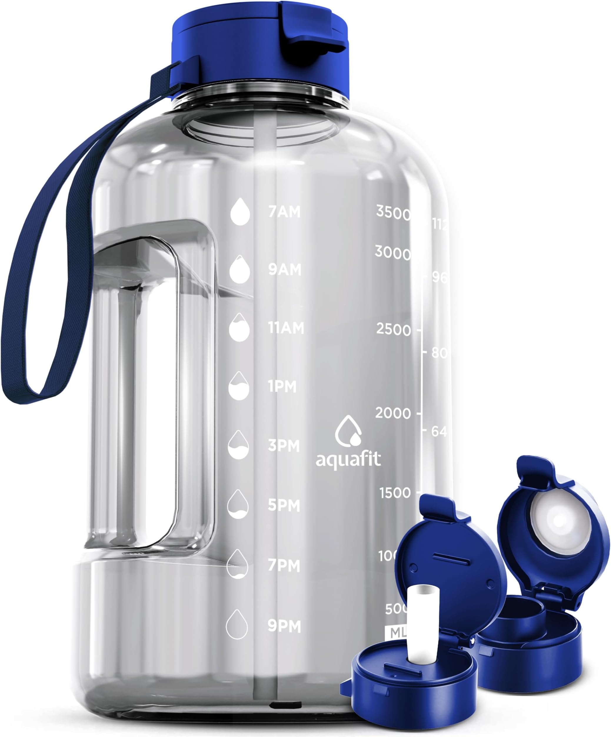 - 1 Gallon Water Bottle with Time Marker - Straw & Chug Lid - BPA Free Gym Water Bottle with Straw - Big Gallon Jug (Clarity, 128 oz - 2 Lids)
