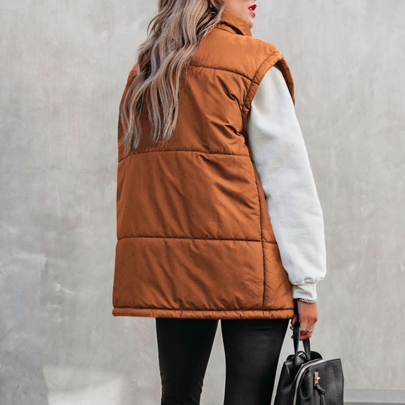 Generisch Chaleco acolchado ligero para mujer, chaleco de plumón para mujer, negro, cuello alto, chaleco de invierno con cremallera, chaqueta de algodón con bolsillos, chaleco de pescador, chaleco de