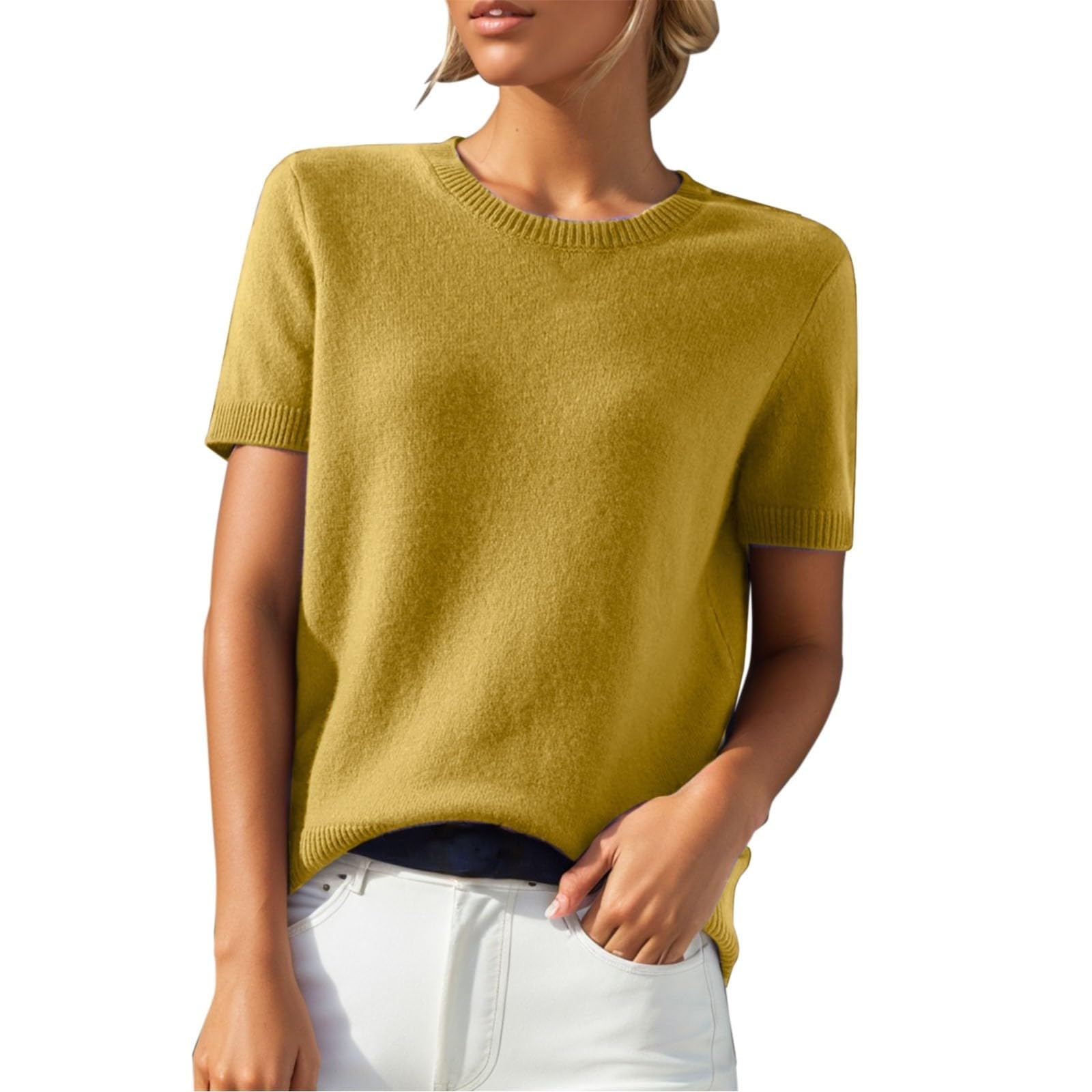 Short Sleeve Sweater Tops for Women Cute Lightweight Crew Neck T Shirts Plain Relaxed Fit Business Casual Tops