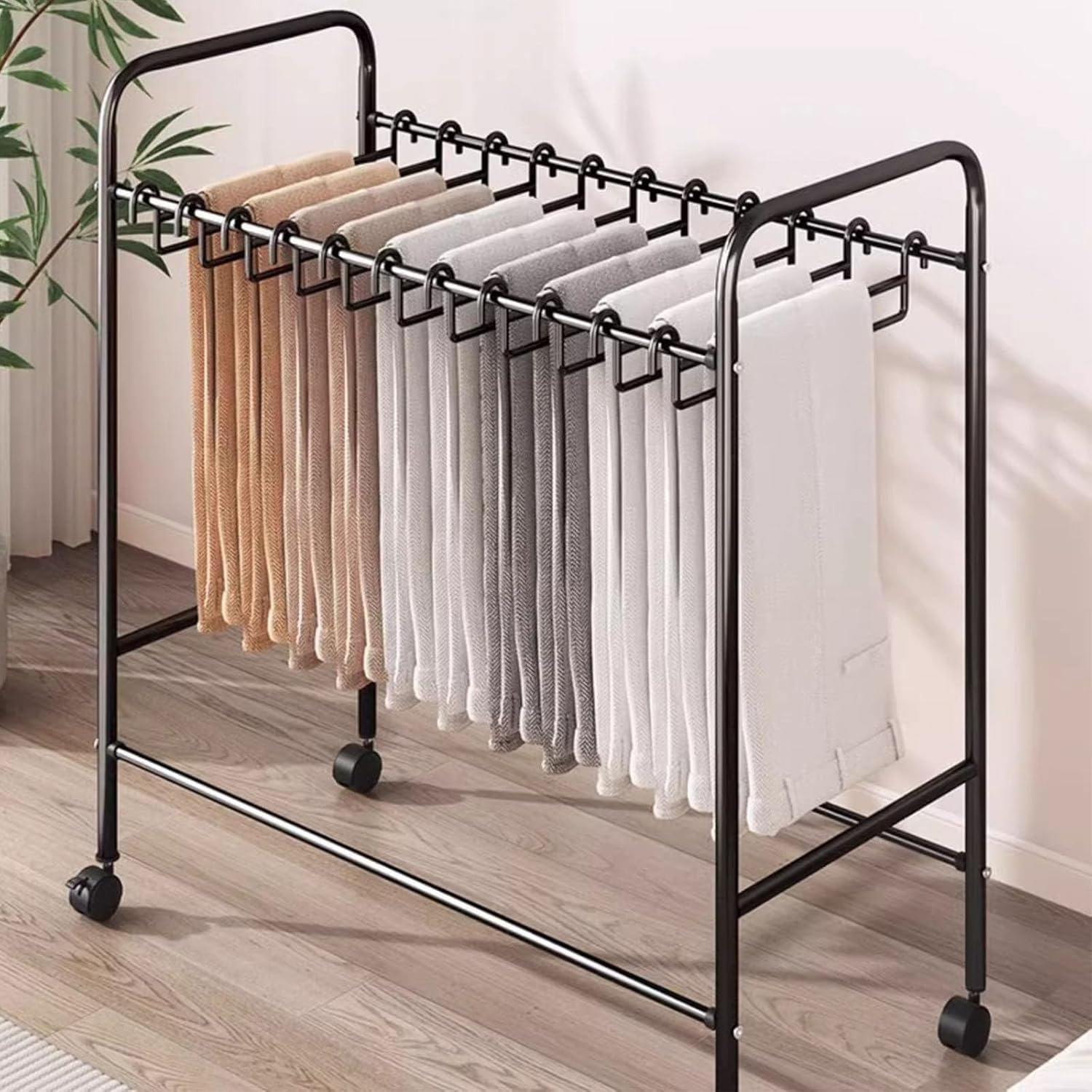 Pants Trolley,Pants Hangers,with 20 Hangers & Wheels, Space Saving Non Slip Rolling Trolley,Multi-Functional Jeans Display Stand for Garment Shop, Bedroom and Laundry Room(Size:White)
