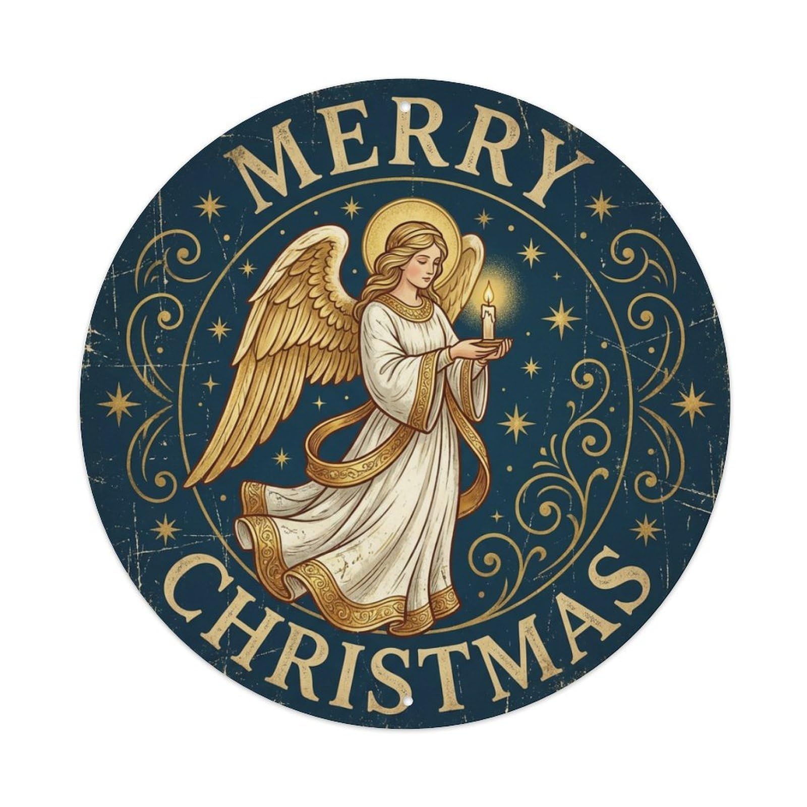 Merry Christmas Angel Gold Wings Metal Tin Sign