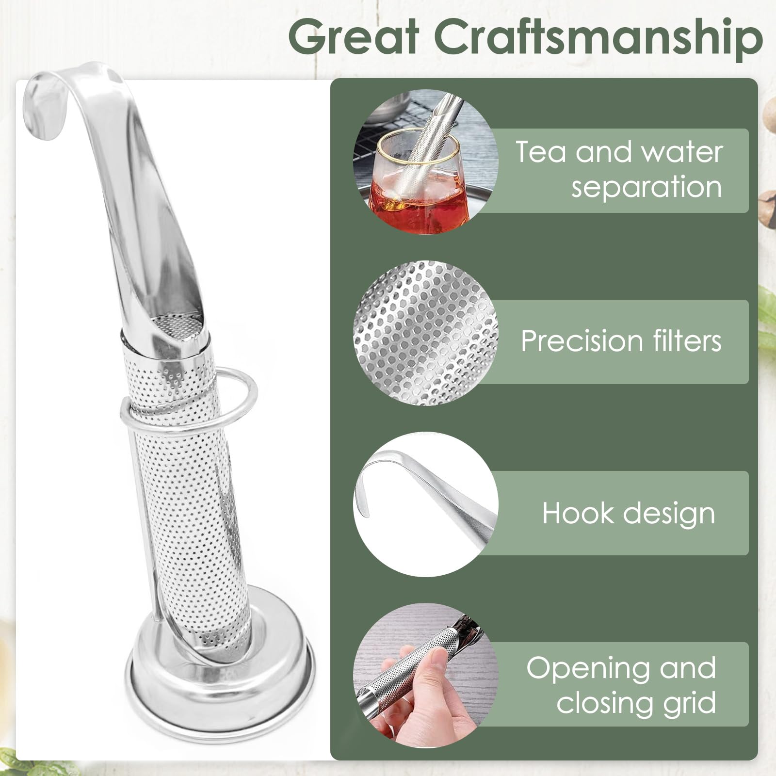 BendJoy® Tea Strainer Stainless Steel with Storage Holder, Pipe-Shaped Tea Infuser, Tea Filter with Hanging Hook for Loose Tea, Coffee, Spice, and Herbs 3