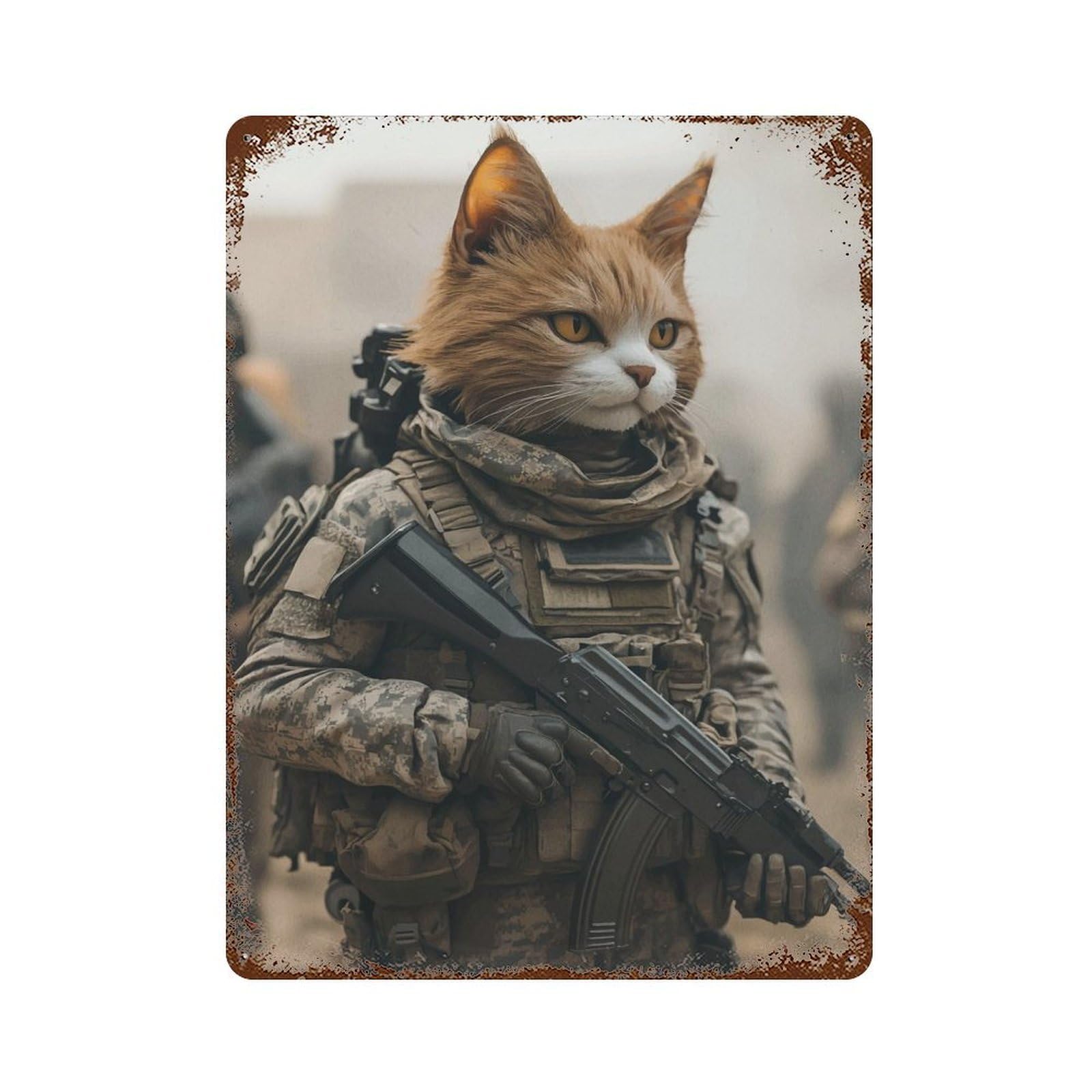 Decorative Tin Sign with Cat Soldier Design 15.7"x11.8", for Garage, Bar And Workshop Decor, Farmhouse Wall Decor