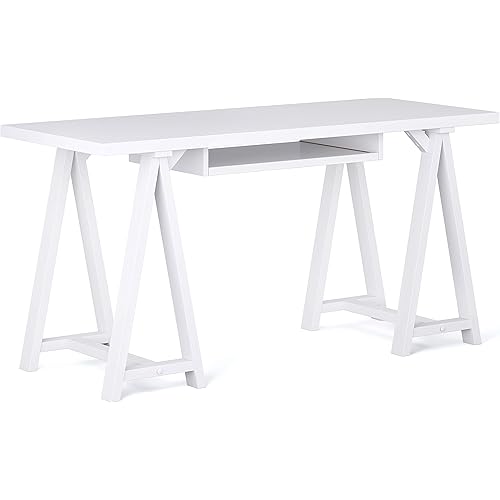 SIMPLIHOME Sawhorse SOLID WOOD Modern Industrial 60 inch Wide Home Office Desk, Writing Table, Workstation, Study Table Furniture in White