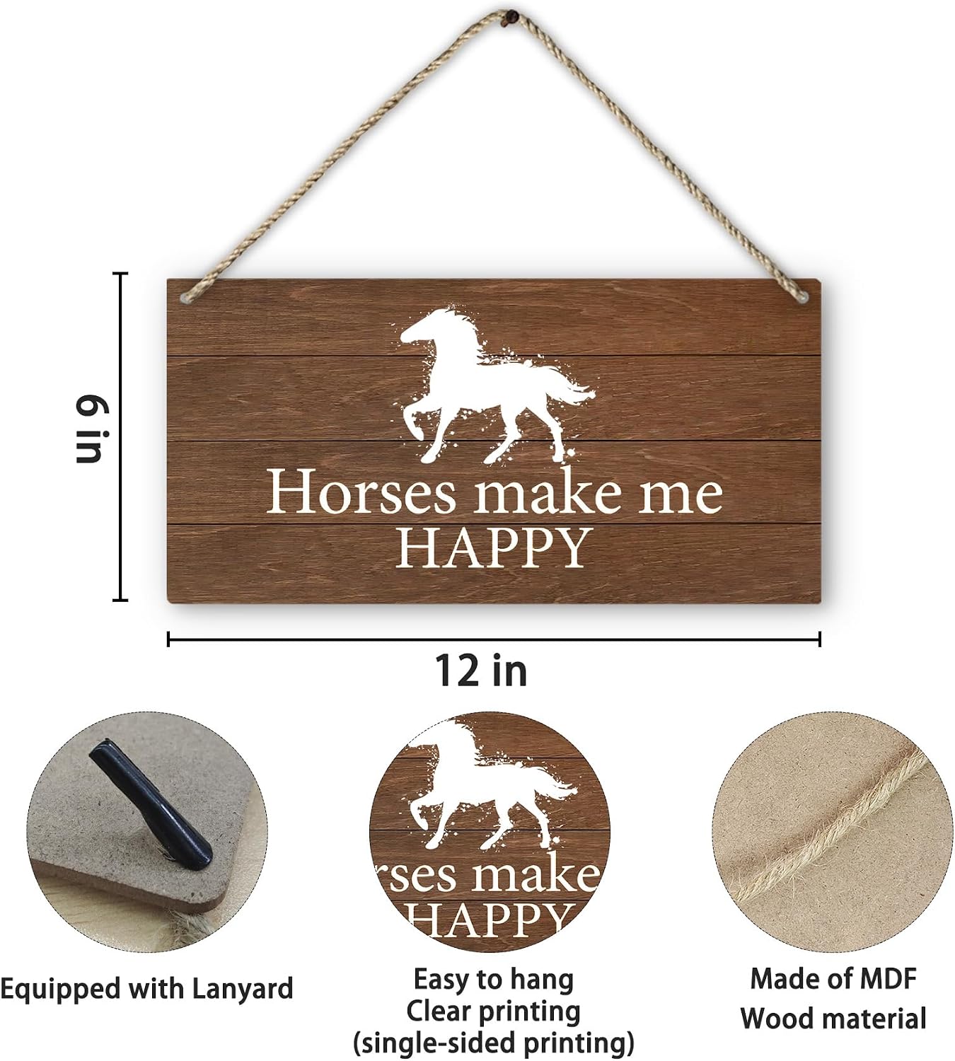 PHAMTE Horses Make Me Happy Sign Wood Plaque Sign Hanging Door Wall Decor, Gifts for Horse Lovers women girls, Horse Decor for Girls Room, horse decor for home 12x6 Inches Home Décor Accents