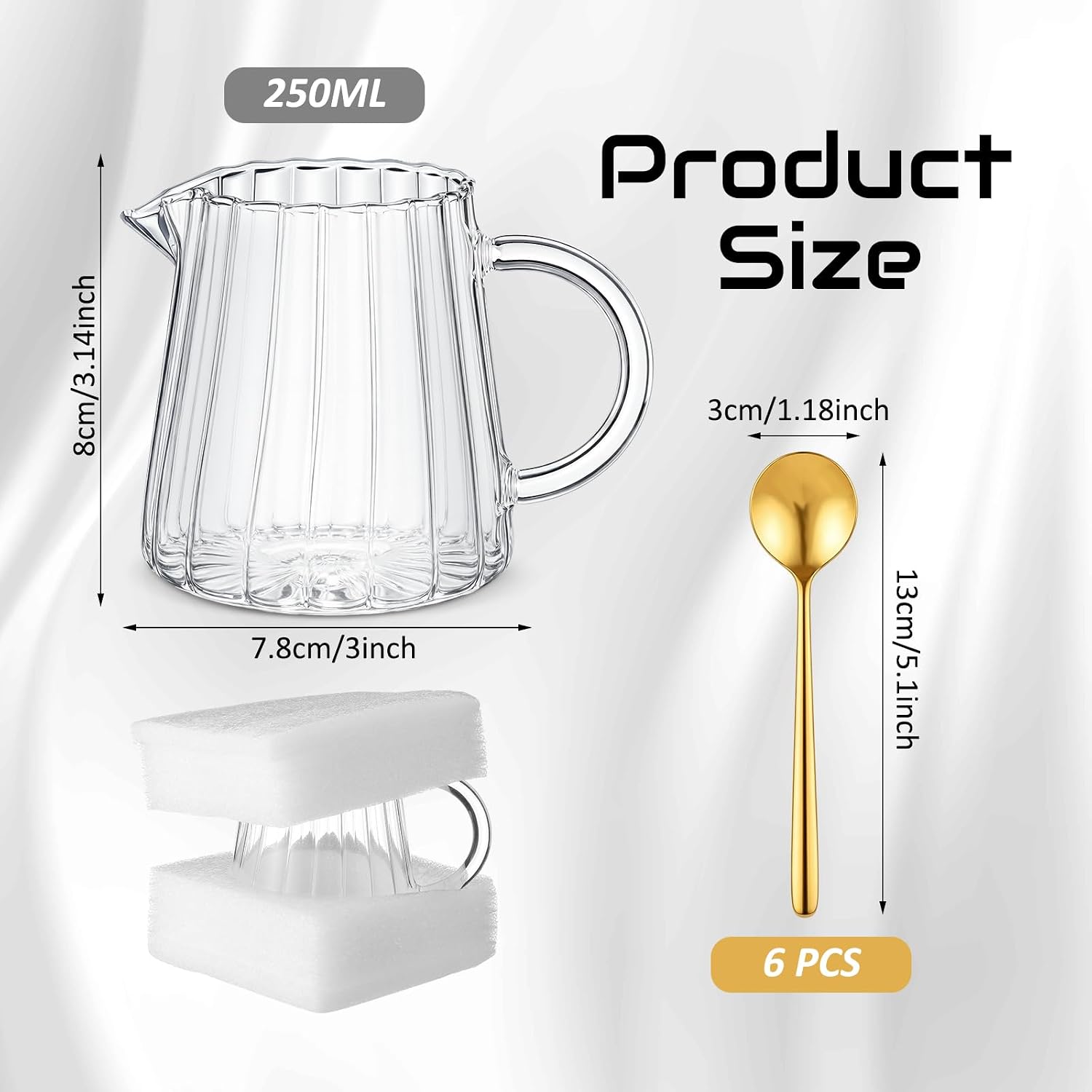 Wave Glass Creamer Pitcher & 6 Gold Coffee Spoons Set, 8.5oz