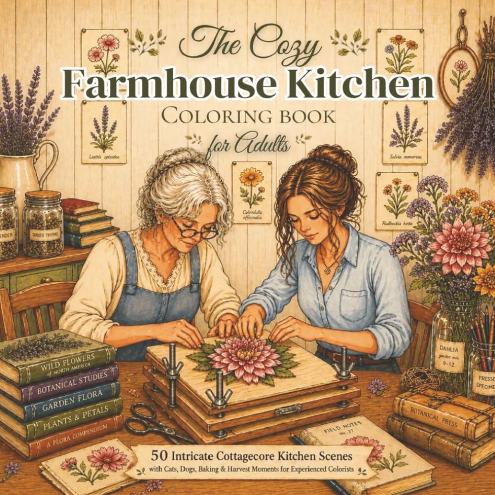 The Cozy Farmhouse Kitchen Coloring Book for Adults: 50 Intricate Cottage core Kitchen Scenes with Cats, Dogs, Baking & Harvest Moments for Experienced Colorists | 8.5 x 8.5 | 100 pages