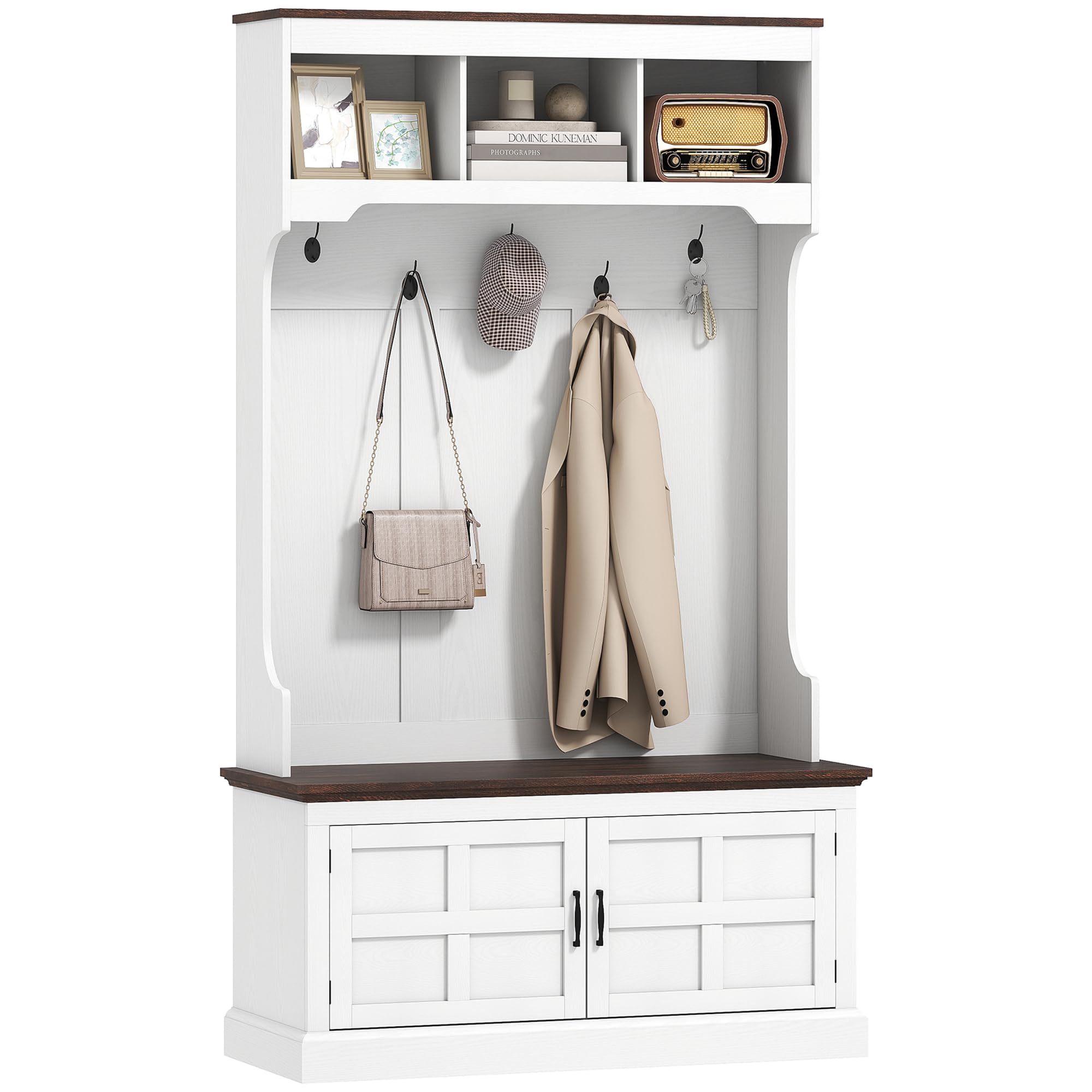 HOMCOM Perchero Zapatero Banco Zapatero 2 Puertas 105x40x180 cm Blanco | Perchero para Entrada Recibidor, 5 Ganchos, 3 Estantes Superiores, Estilo Rústico, para Salón Dormitorio Pasillo