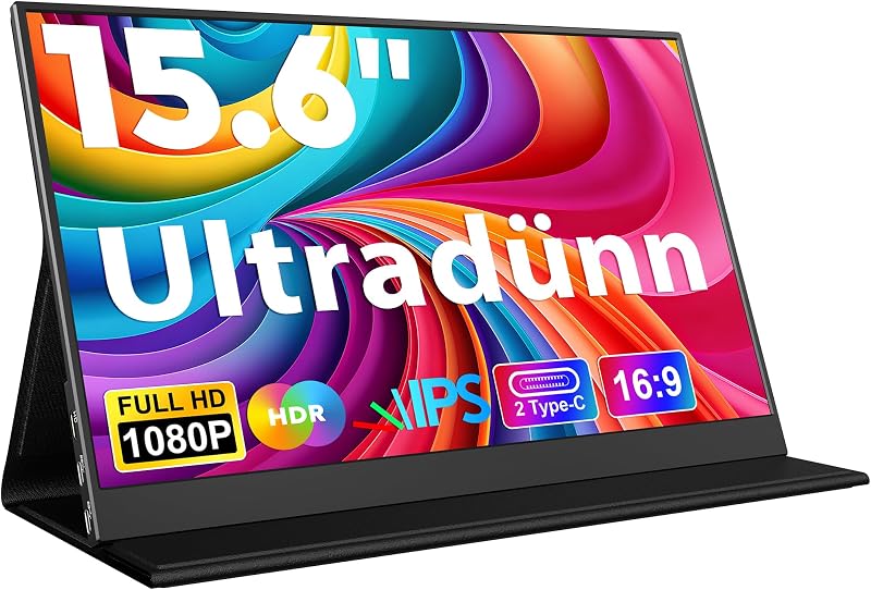 HONGO 15.6" 1080P FHD hordozható monitor USB-C, IPS kijelző, két hangszóró, laptop/PC/Mac/PS5 kompatibilis