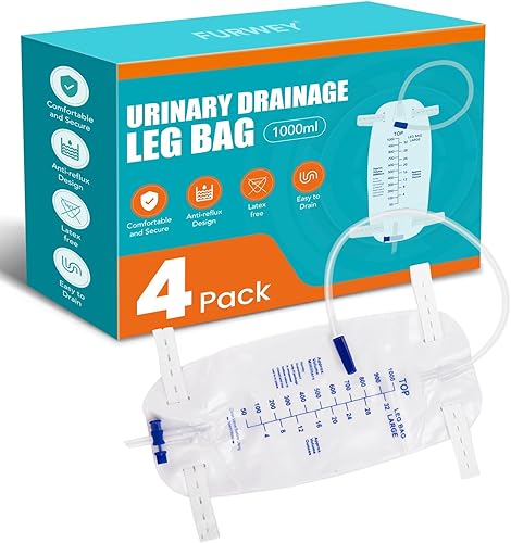 Paquete de 4 bolsas de catéter de 33.8 fl oz con tubo de drenaje de 18 pulgadas, válvula antirreflujo, catéter de orina de pierna de gran capacidad